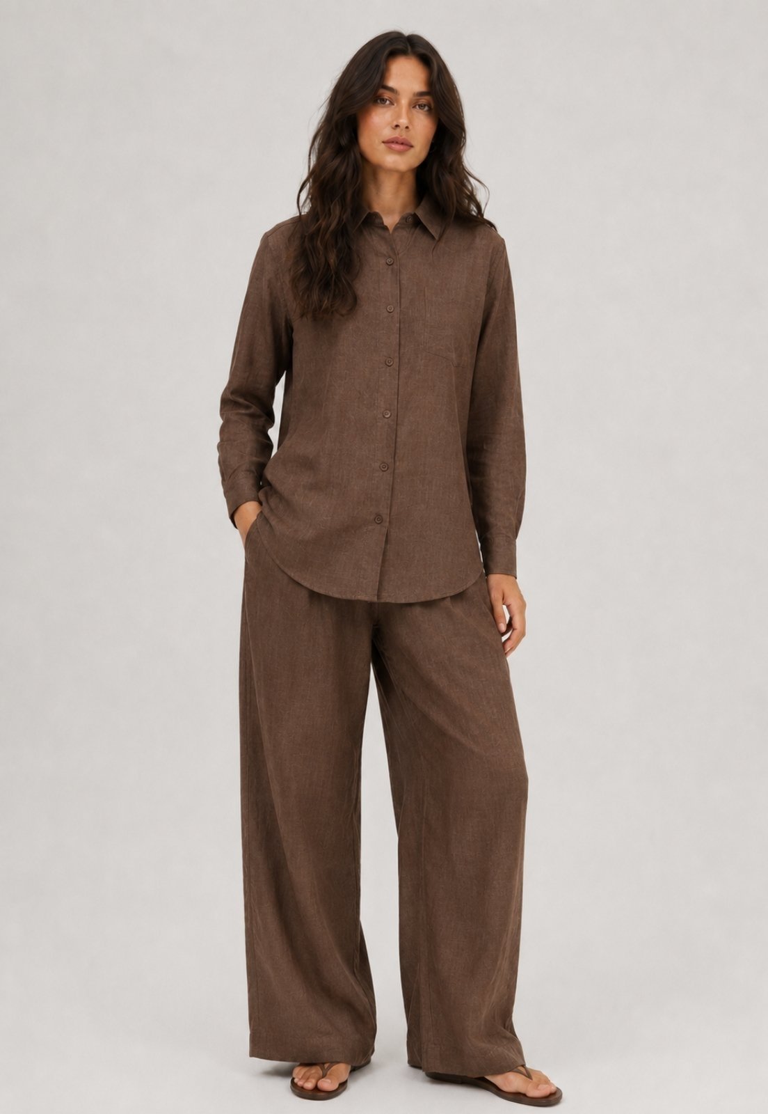 Conjunto Feminino Camisa e Calça Pantalona Salvatore Marrom