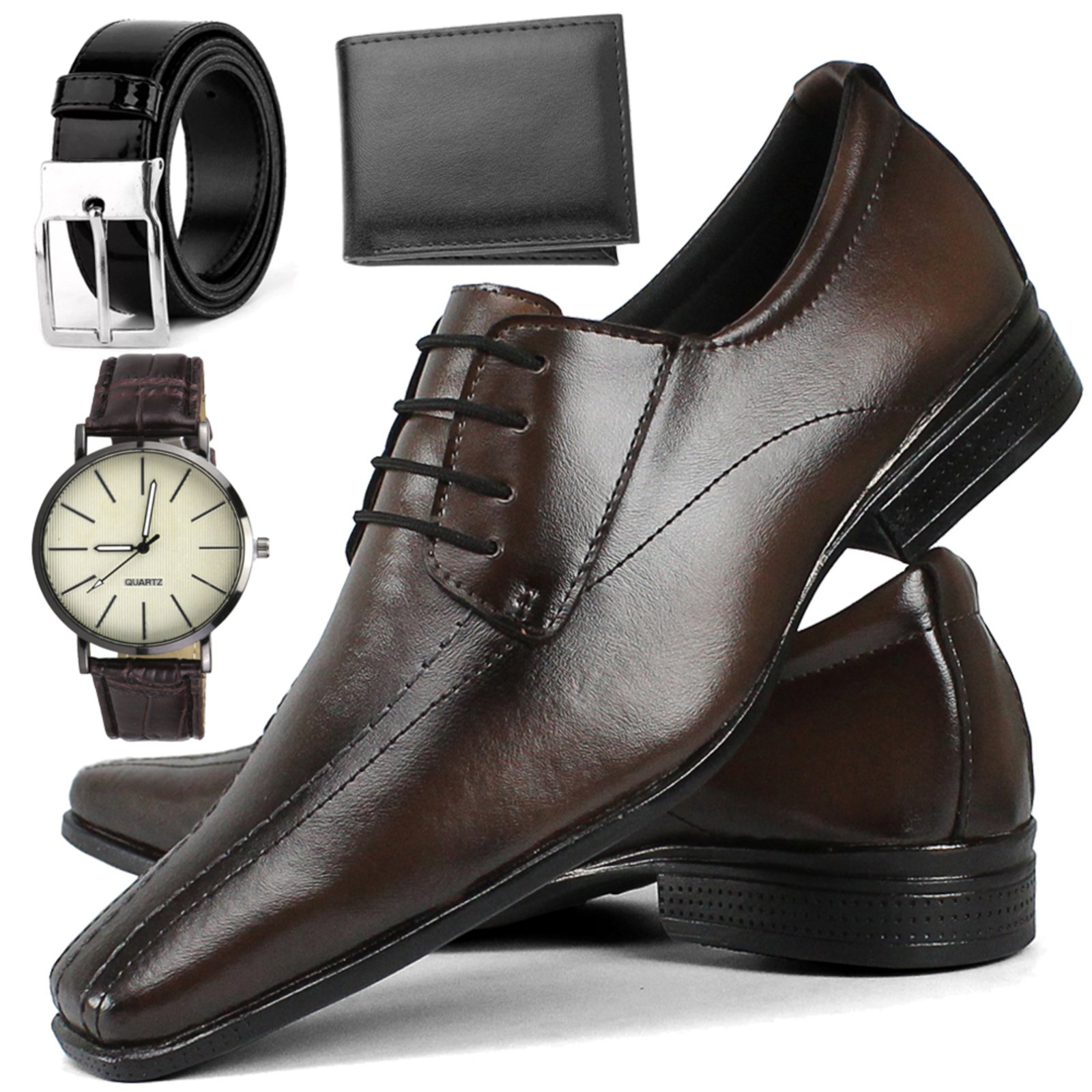 Kit Sapato Social Dhl Calçados Masculino Marrom + Relógio + Cinto + Carteira