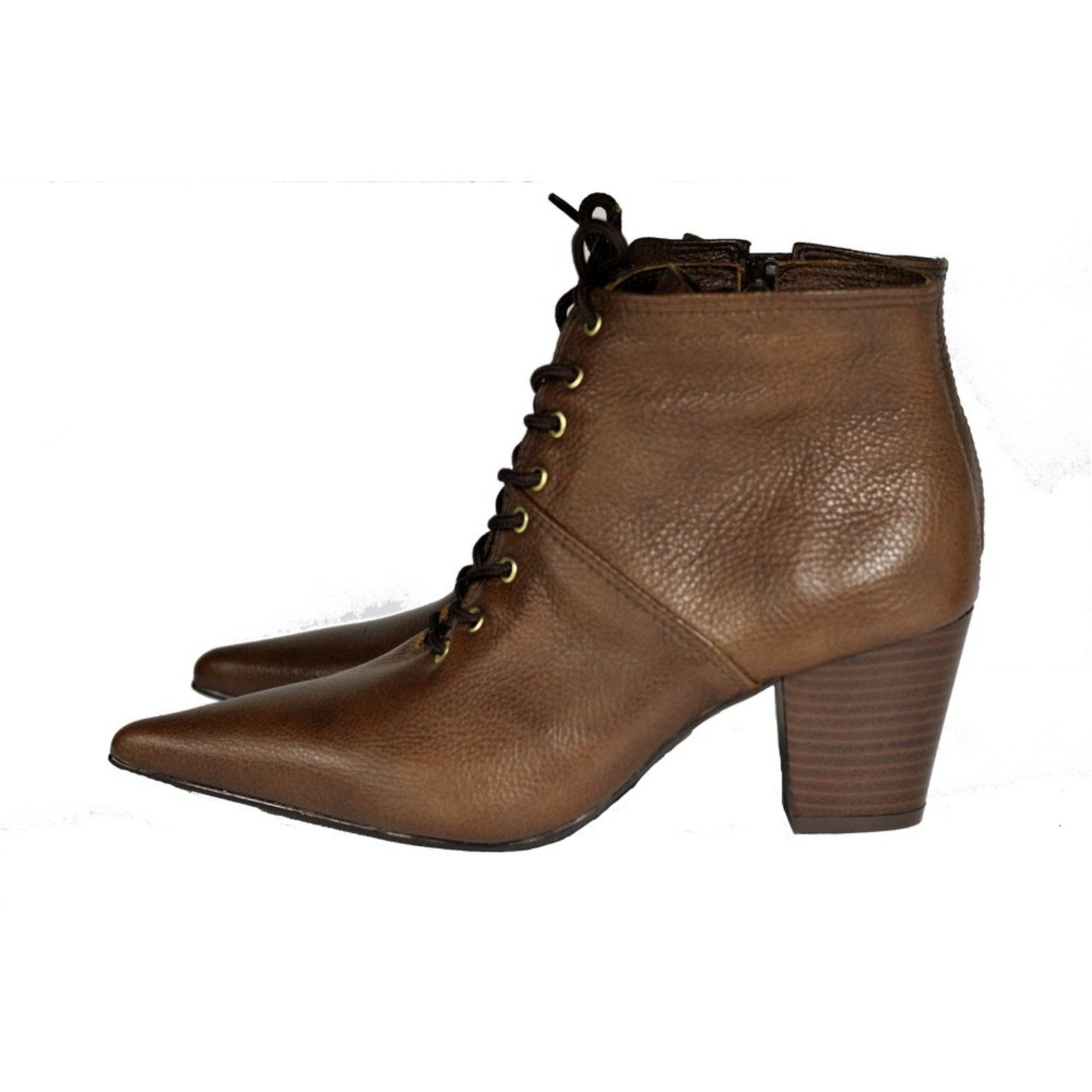 Vista 2 Bota Feminina com Cadarço Bico Fino Cano Curto Couro Salto 6 cm Camel Spinelli caramelo Spinelli caramelo