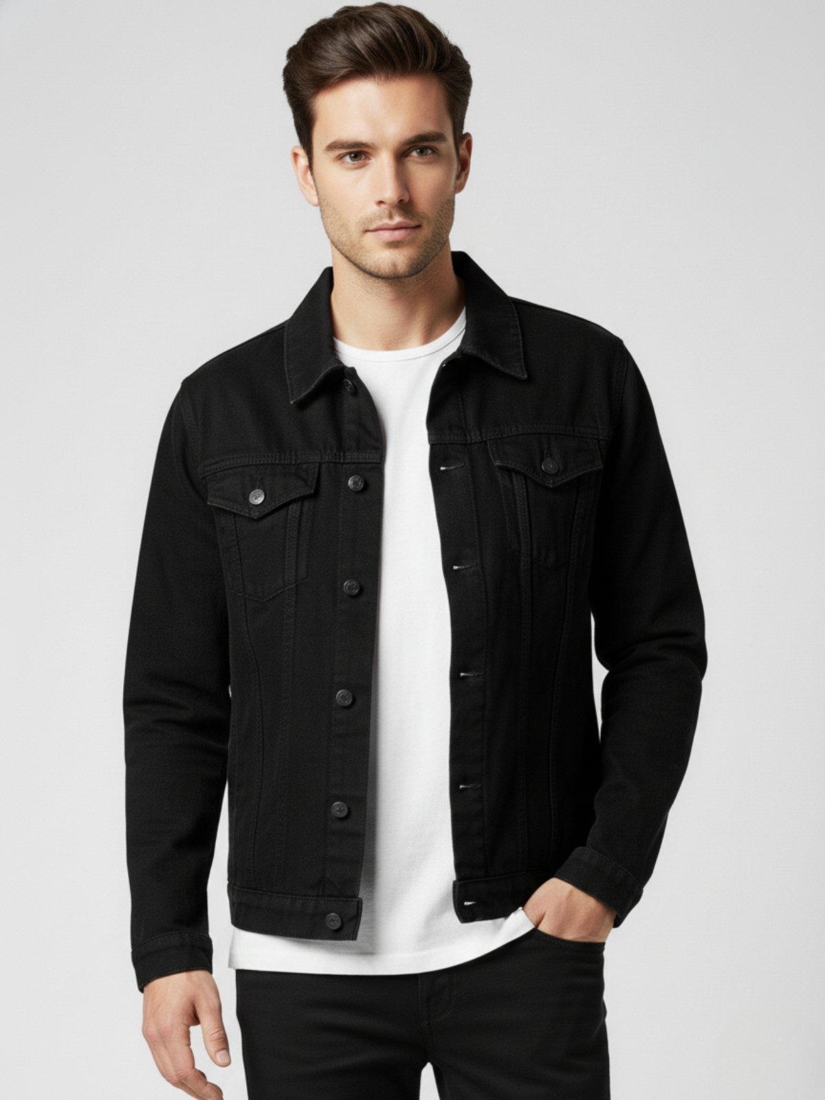 Jaqueta Masculina Jeans Preto com Bolsos Básica