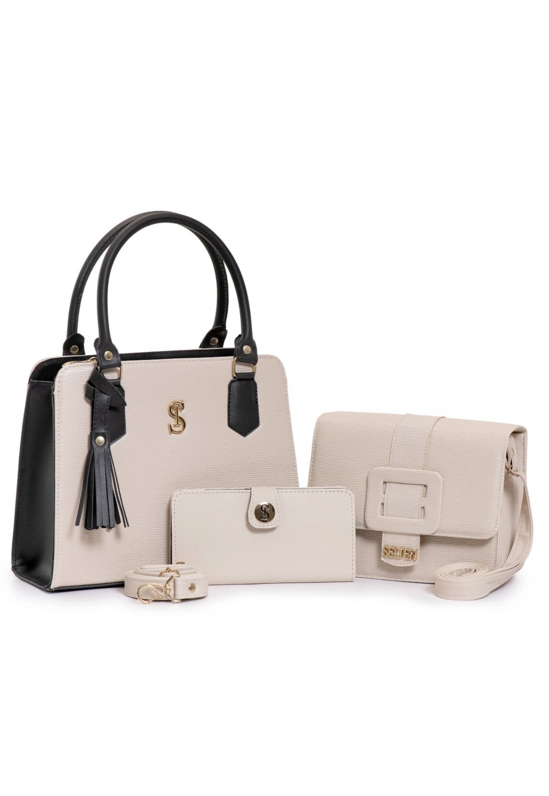 Bolsas de Mão e Transversal kit com carteira Selten preto e creme