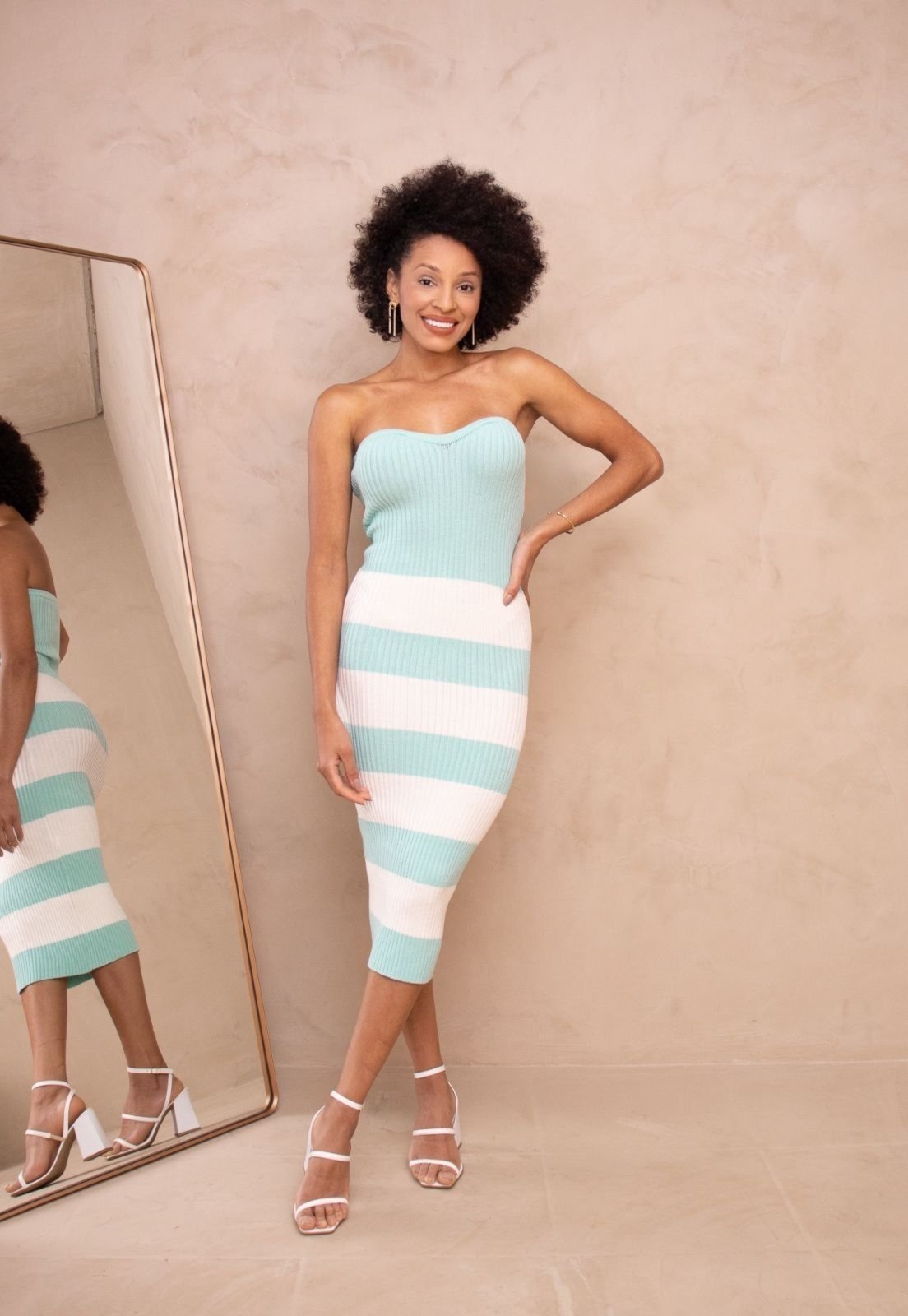 Vestido Tomara que Caia Tricot Midi Tubinho Sereia Listras Sensual Pauli Verde