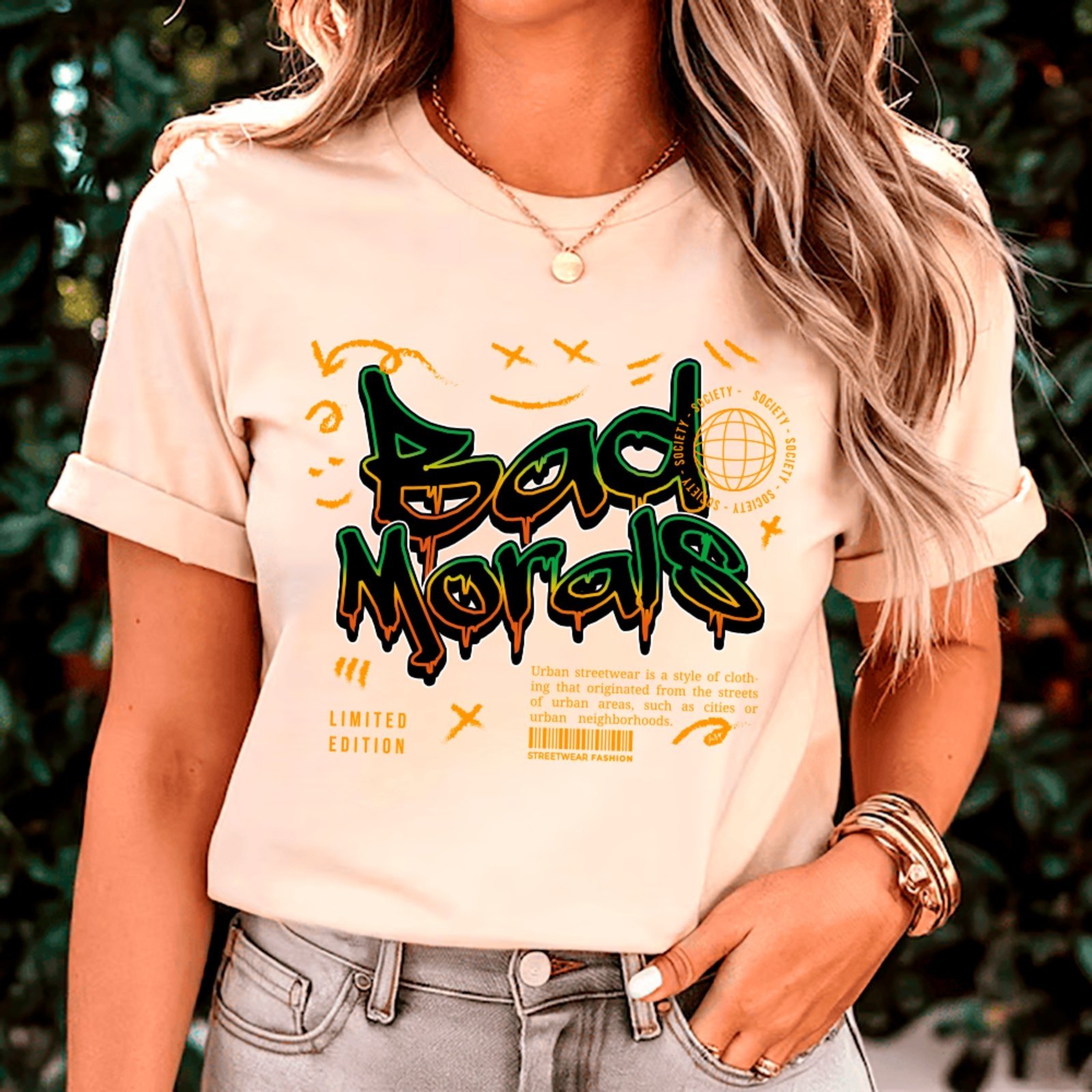 Camiseta Ousy Streetwear Bad Morals Design Gráfico Exclusivo Oversized Off White