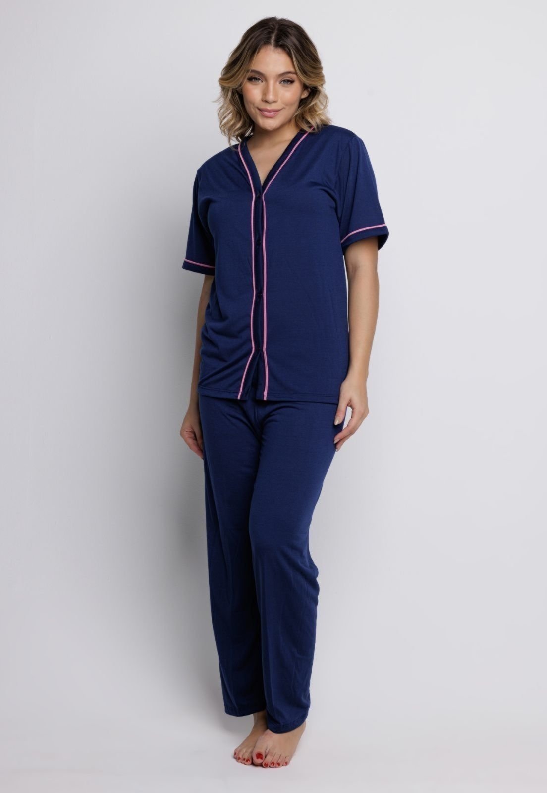 Pijama WLS Modas Blogueira Manga Curta Aberto Botões Calça Americano Amamentação Marinho
