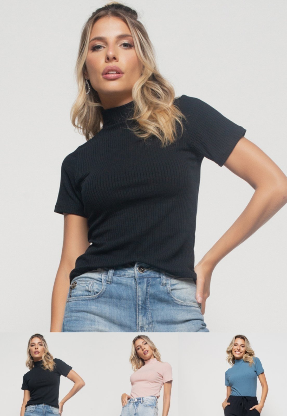Kit 3 Blusas Salvatore Gola Alta Comfy Malha Canelada Preta, Rosa e Azul