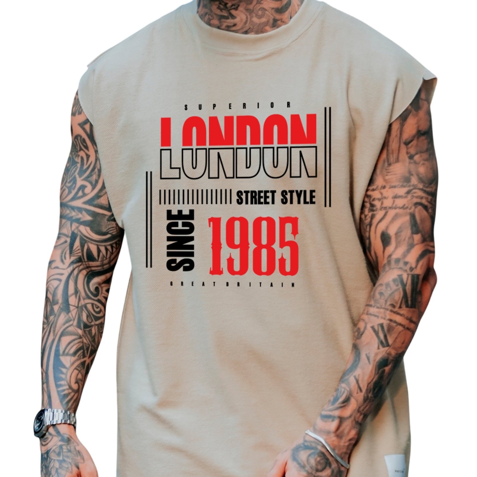 Camiseta Regata Machão Ousy London 1985 Great Britain Oversized Masculina Off White