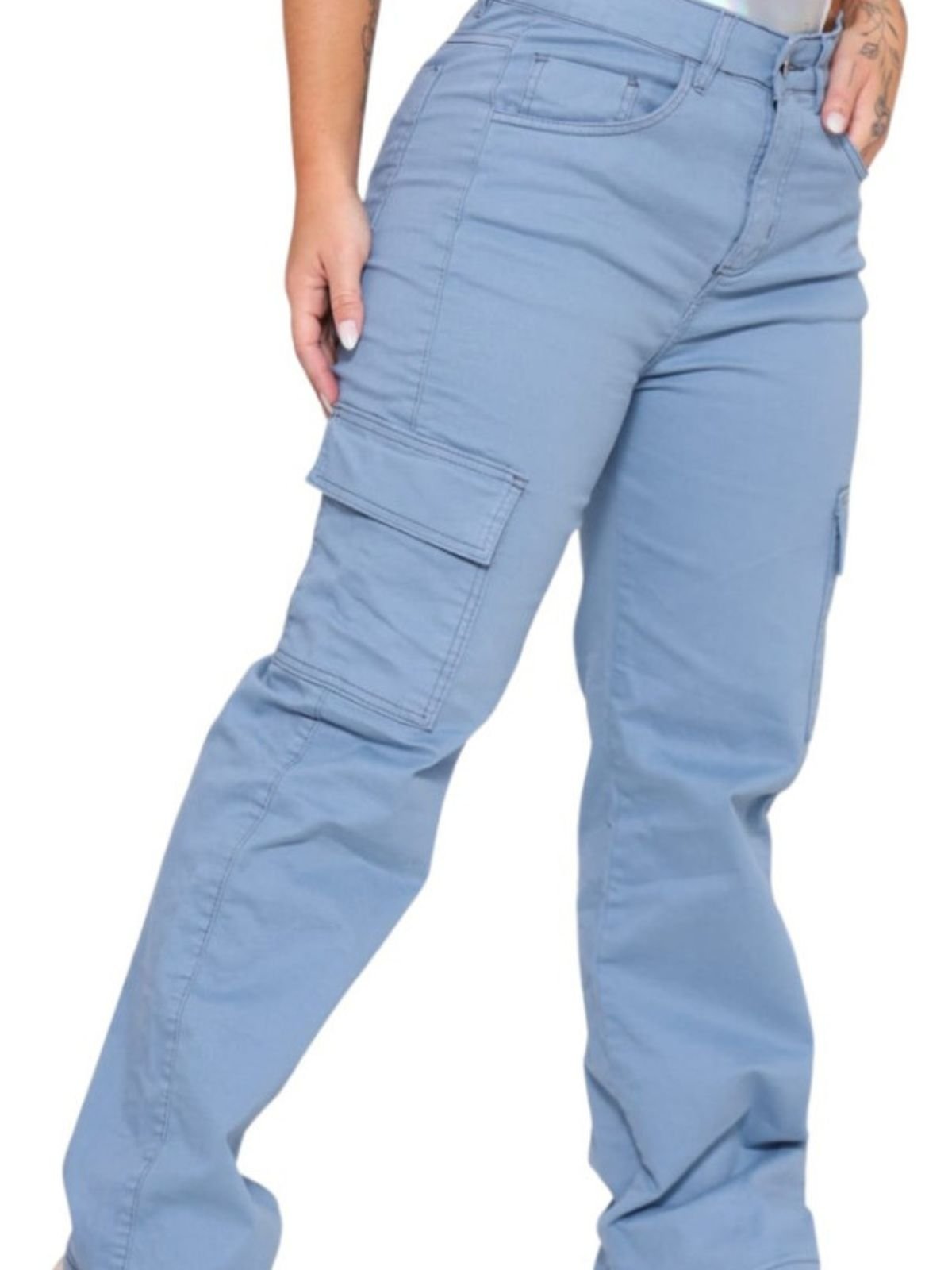 Calça Feminina Cargo Sarja Jeans Loka Azul