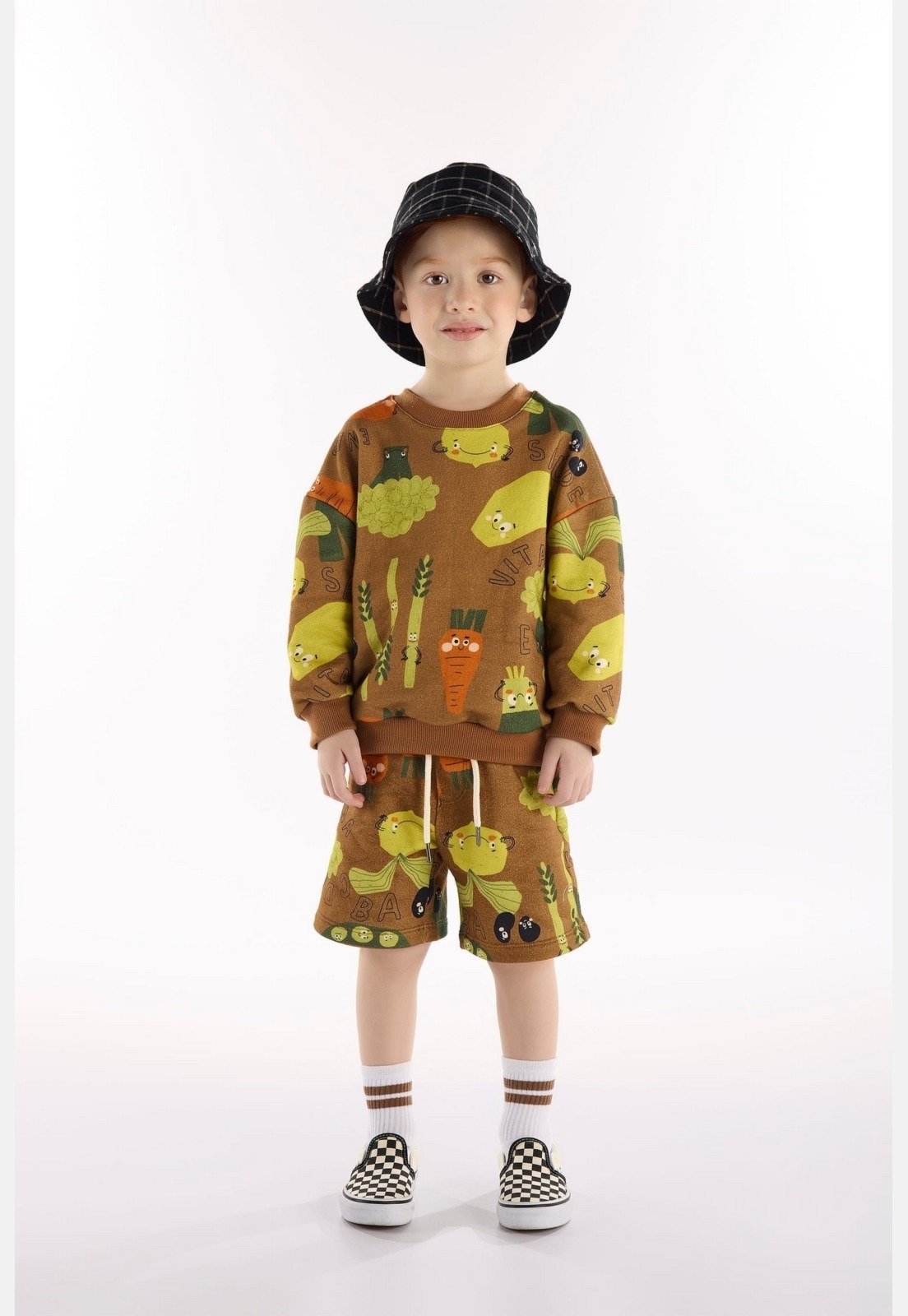Infantil - Conjunto Masculino com Blusão e Bermuda Vegetais Três e Já Marrom