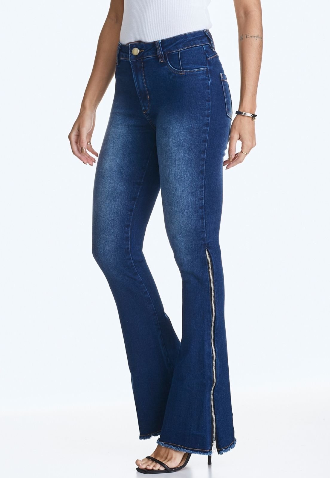 Calça Jeans HNO Jeans Flare Detalhe em Zíper Azul Escuro