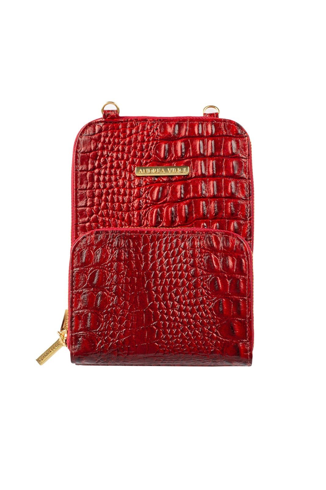 Carteira com alça de couro croco Ingrid 18,5x13,5cm - Vermelho