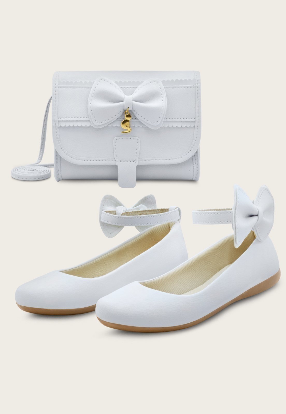 Infantil – Kit Sapatilha Menina Boneca MzKid Com Bolsa Laço Feminina Branca