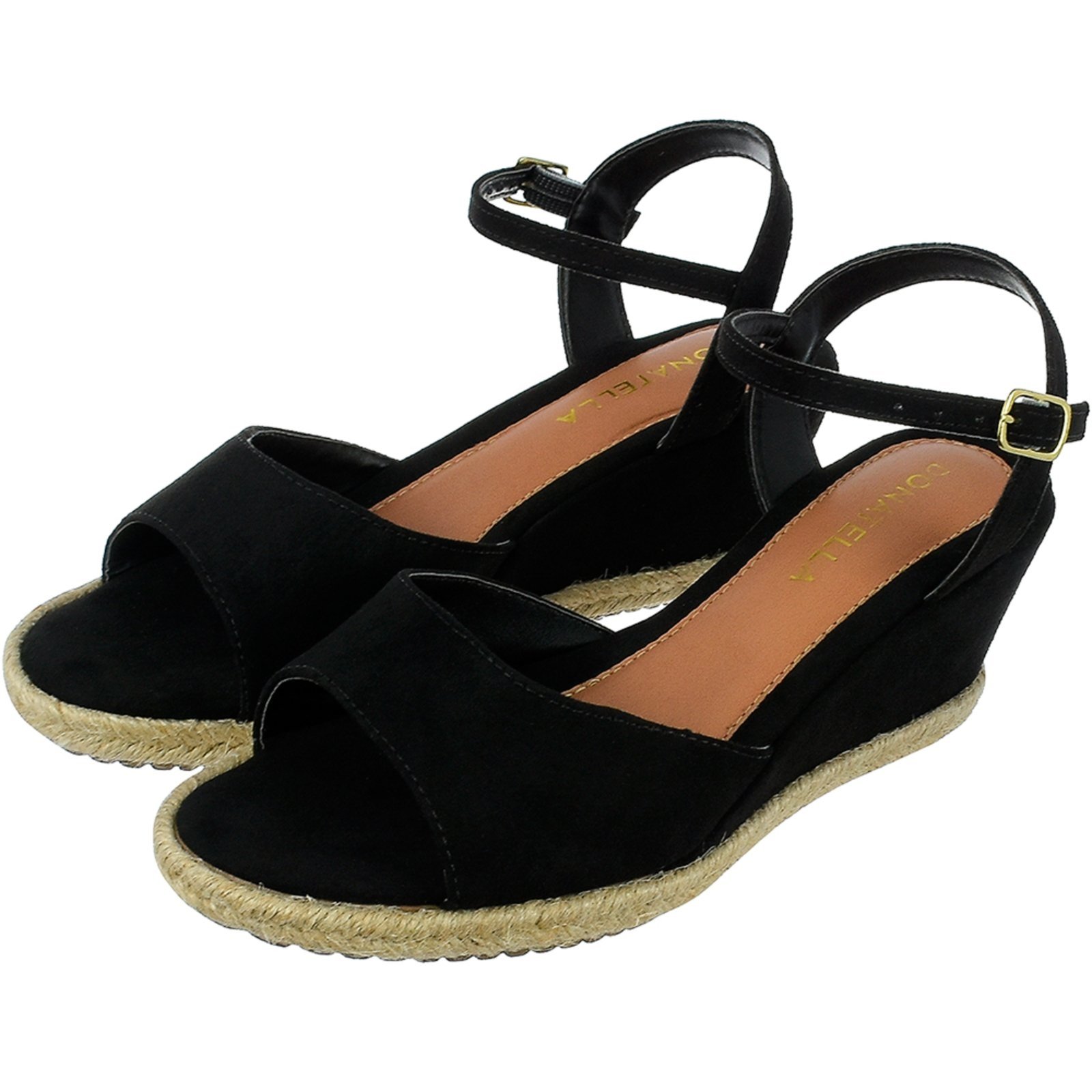 Sandalia Feminina Anabela Donatella Shoes Plataforma Corda Camurça Aberta na Frente Preto