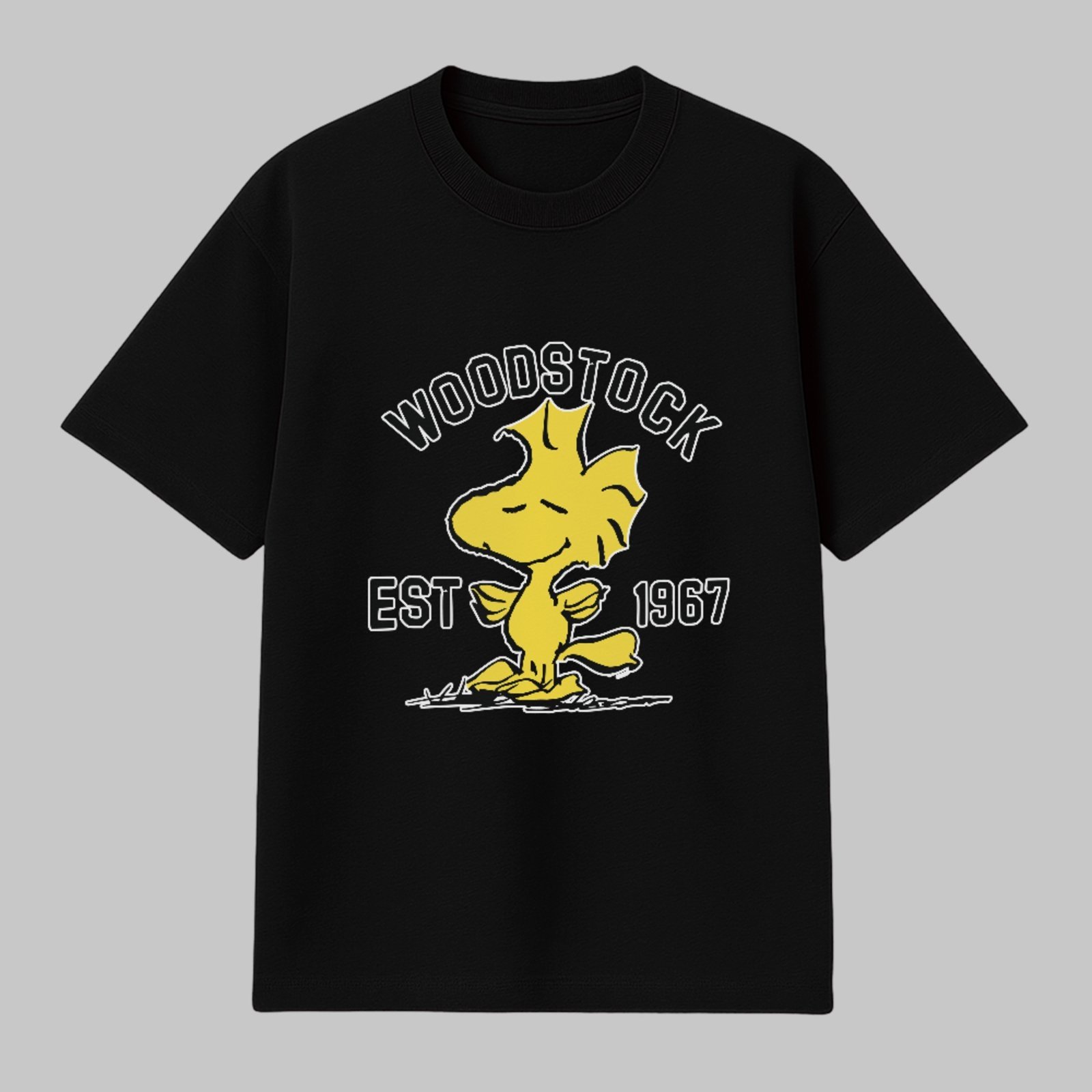 Camiseta Básica Snoopy Peanuts Woodstock Est 1967 Vintage Unissex Preto