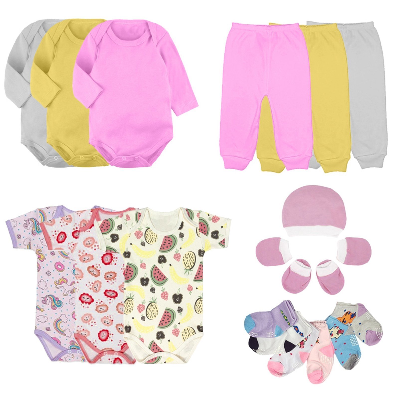 Infantil – Kit Roupinha de 18 Peças Body e Mijão + Acessórios Rosa