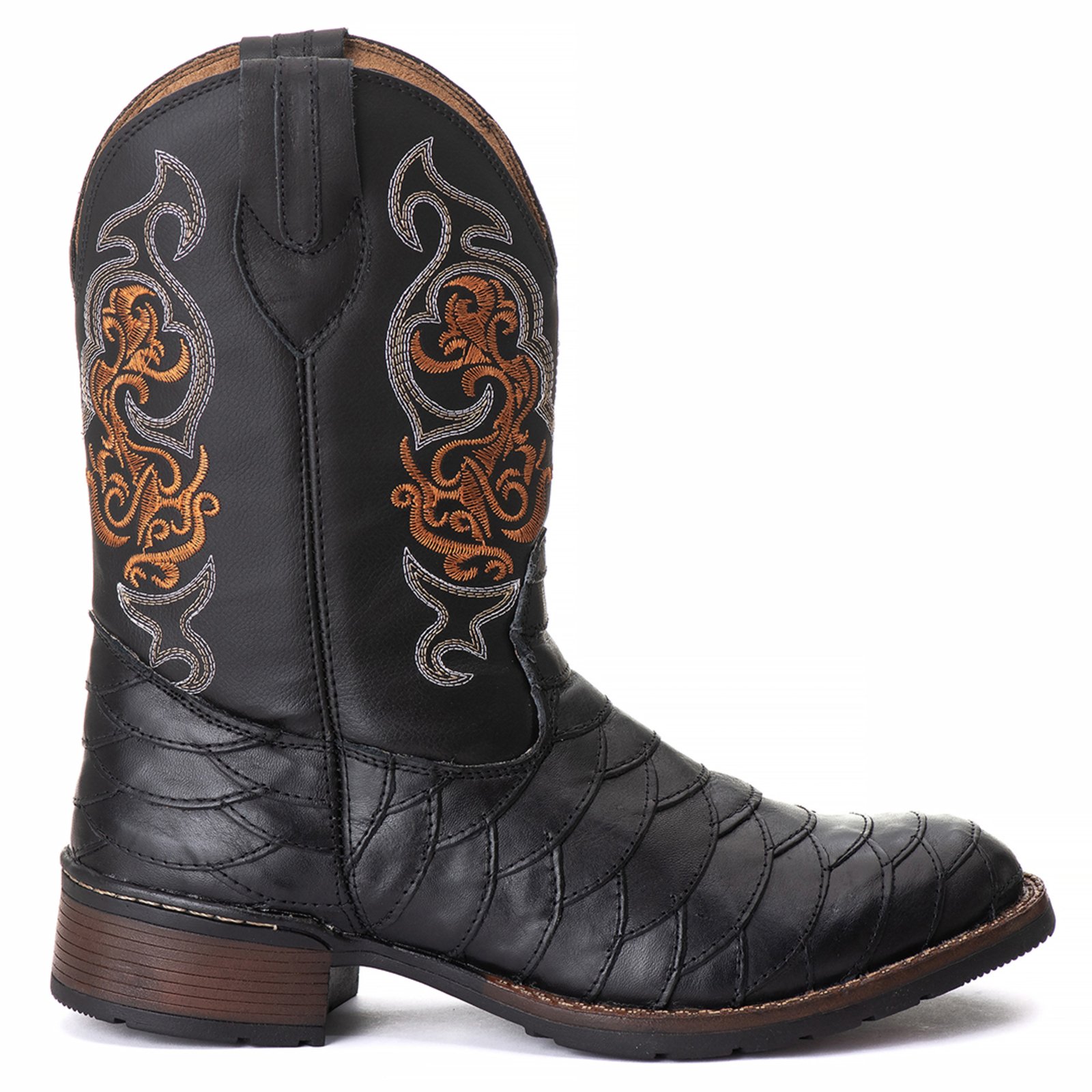 Bota Couro Texana Campero Escamada Bordado Preto