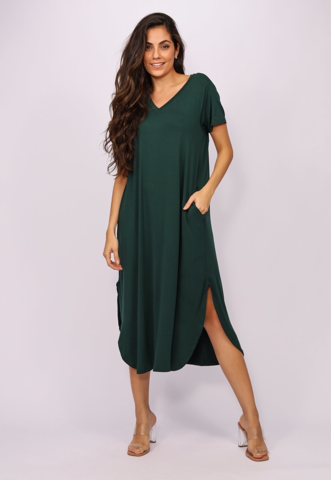 Vestido Midi Amazonia Vital Malha com Bolso Verde Musgo