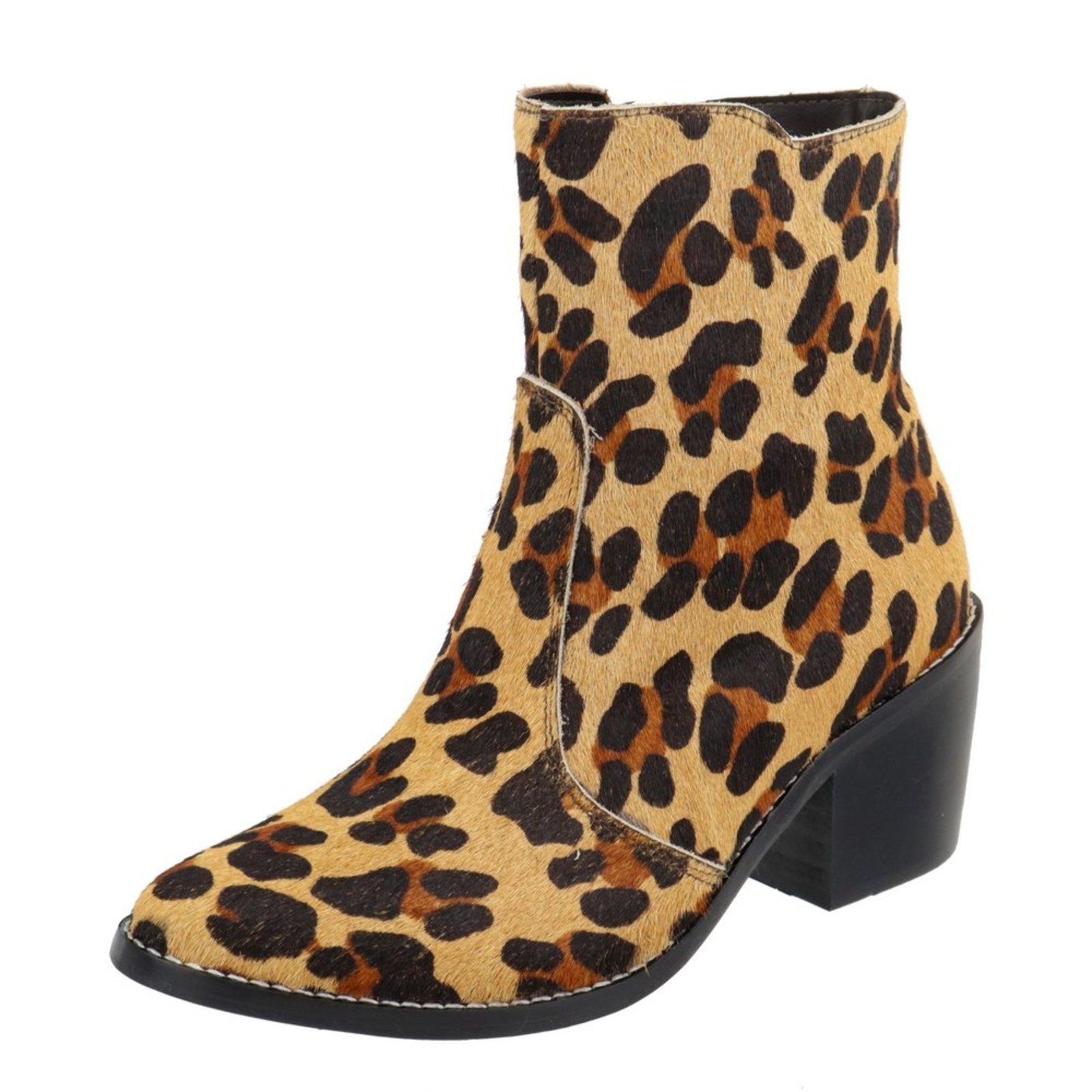 Bota Couro Bico Fino Cano Curto Onça Animal Print Tellini Store
