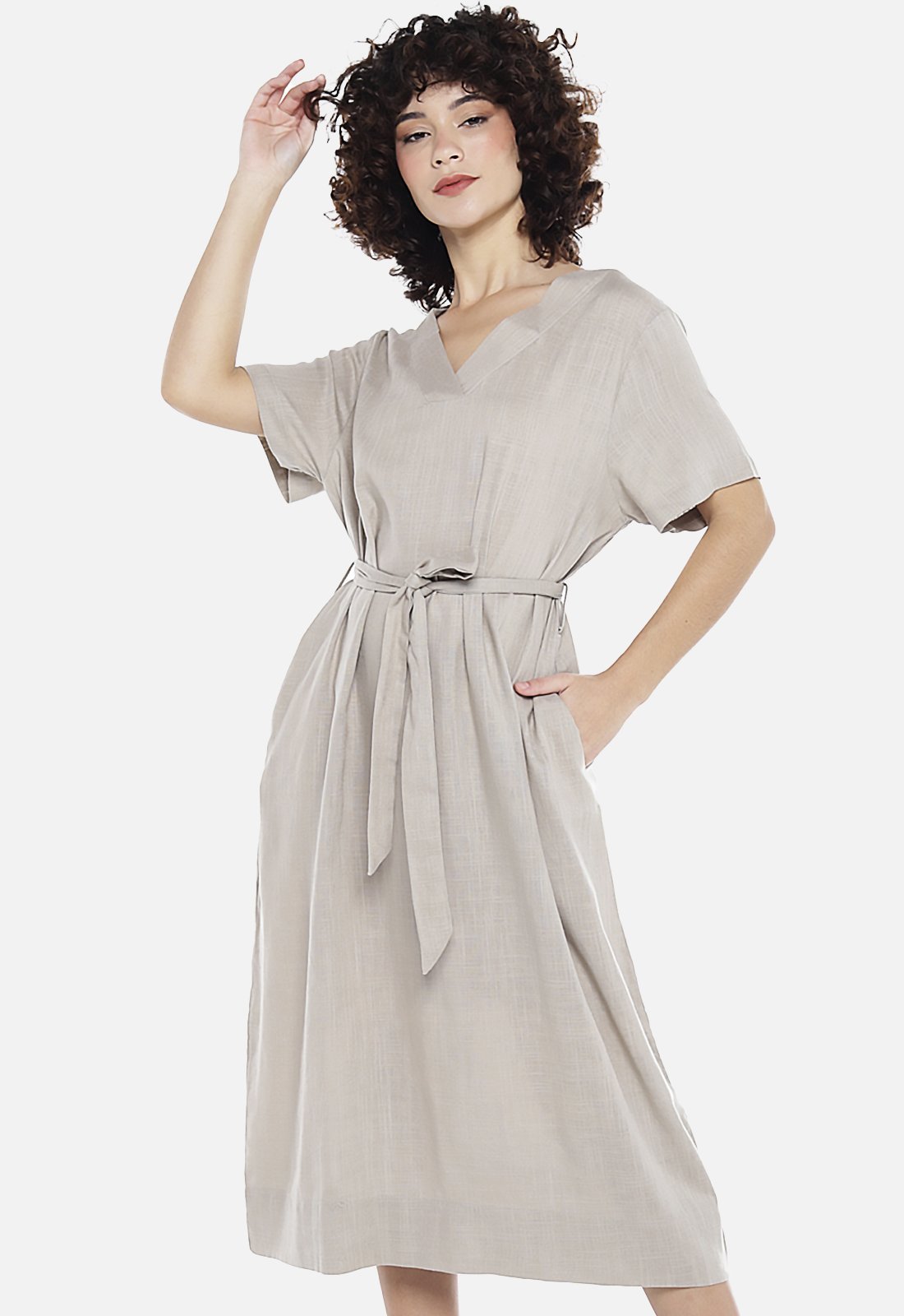 Vestido de Linho Areia Midi com Bolsos Manga Curta Sob Kaki
