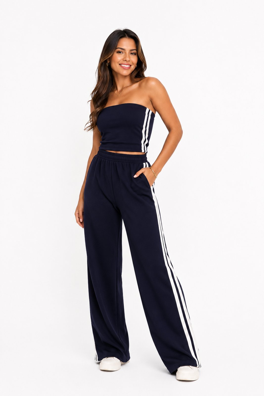 Conjunto Feminino D Bell Outlet Fashion Moletinho Listras Azul