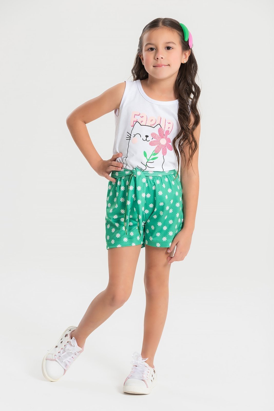 Infantil - Conjunto Verão Feminino Regata Gatinha faella - Branco
