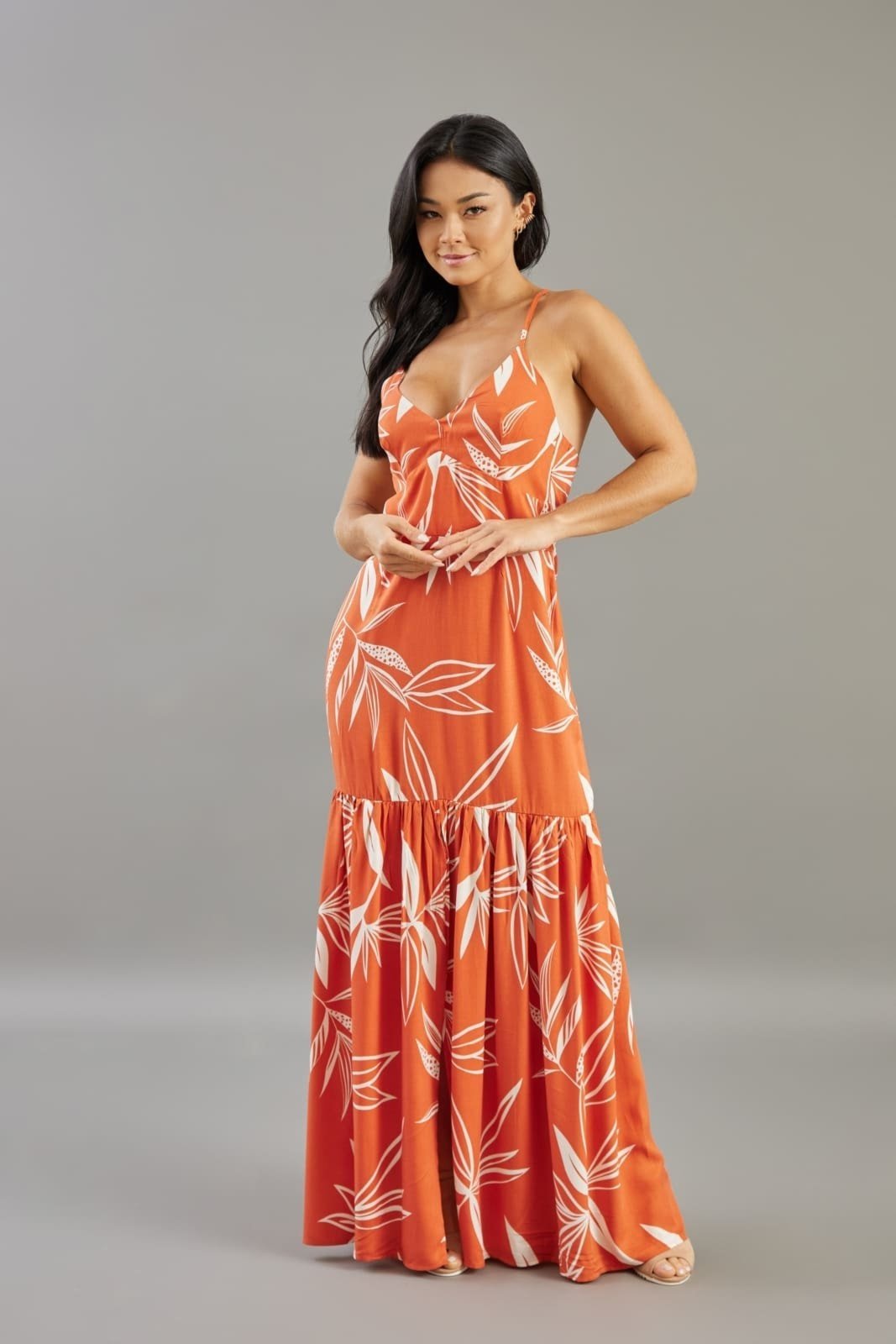 Vestido Longo Floral Com Abertura Feminino Lemier Collection Laranja