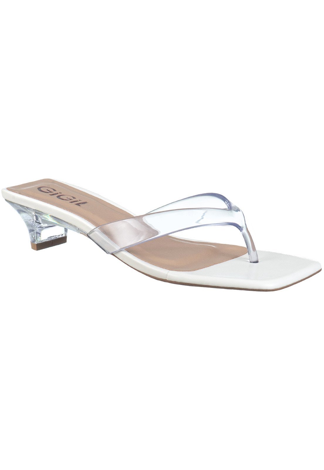 Tamanco Feminino GiGiL Tira de Dedo Transparente Salto Baixo Acrílico Bico Quadrado Leve Verão Off White