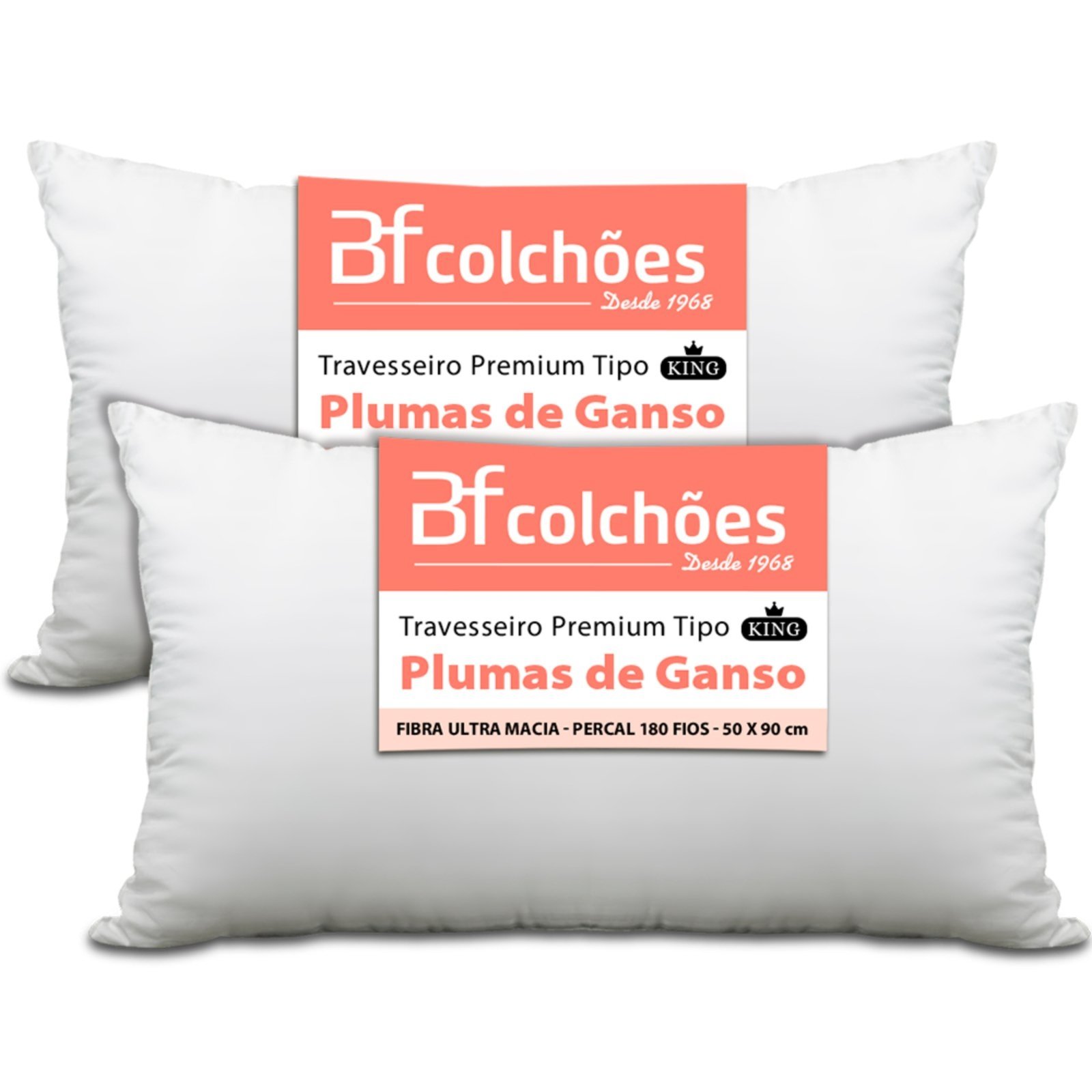Vista 2 Kit 2 Travesseiro King Premium De Fibra Conforto Extra tipo Pluma De Ganso Ecológica 50x90 BF Colchões branco BF Colchoes branco