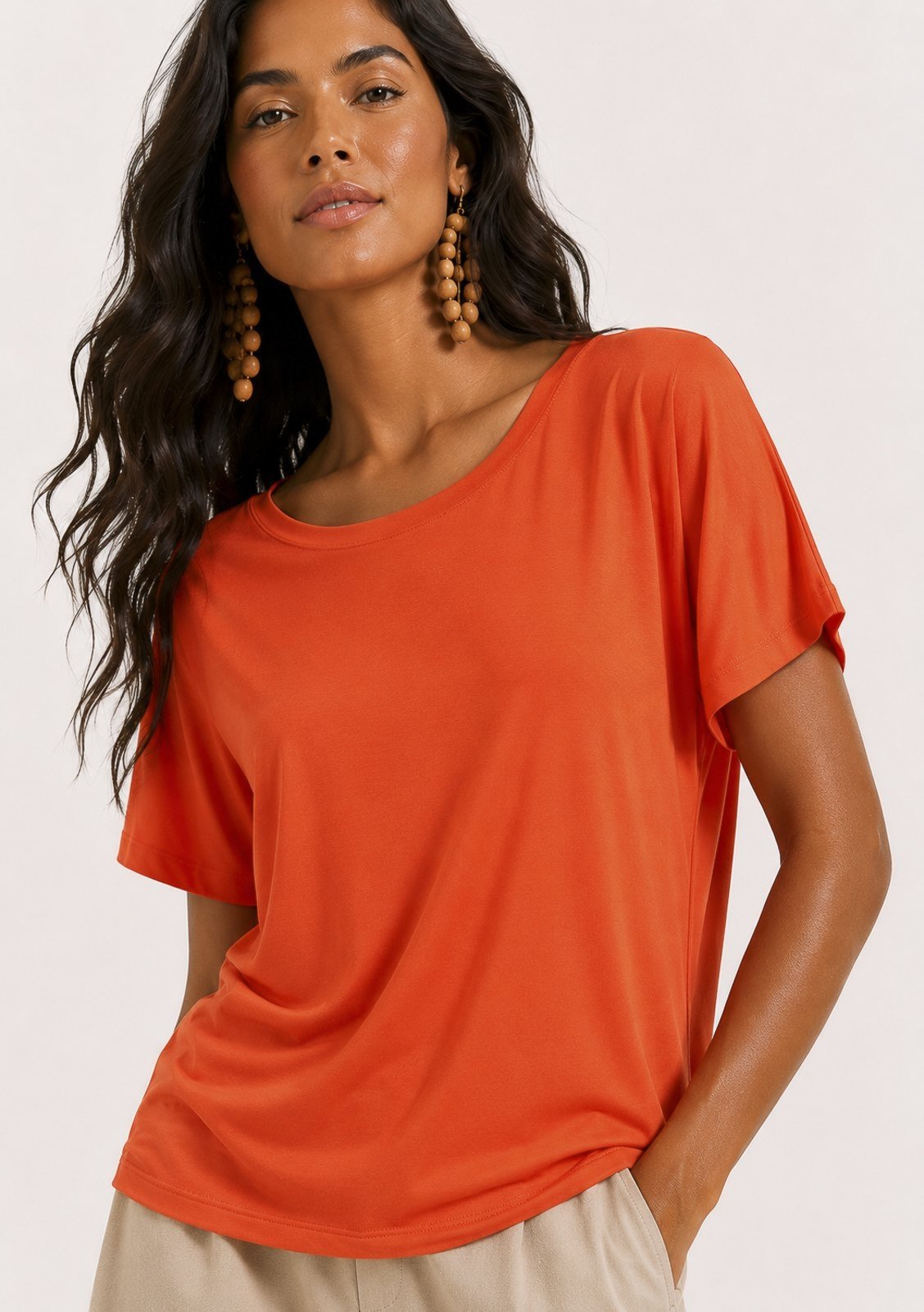 Blusa Amazonia Vital Básica Morcego Malha Gola Canoa Manga Curta Laranja