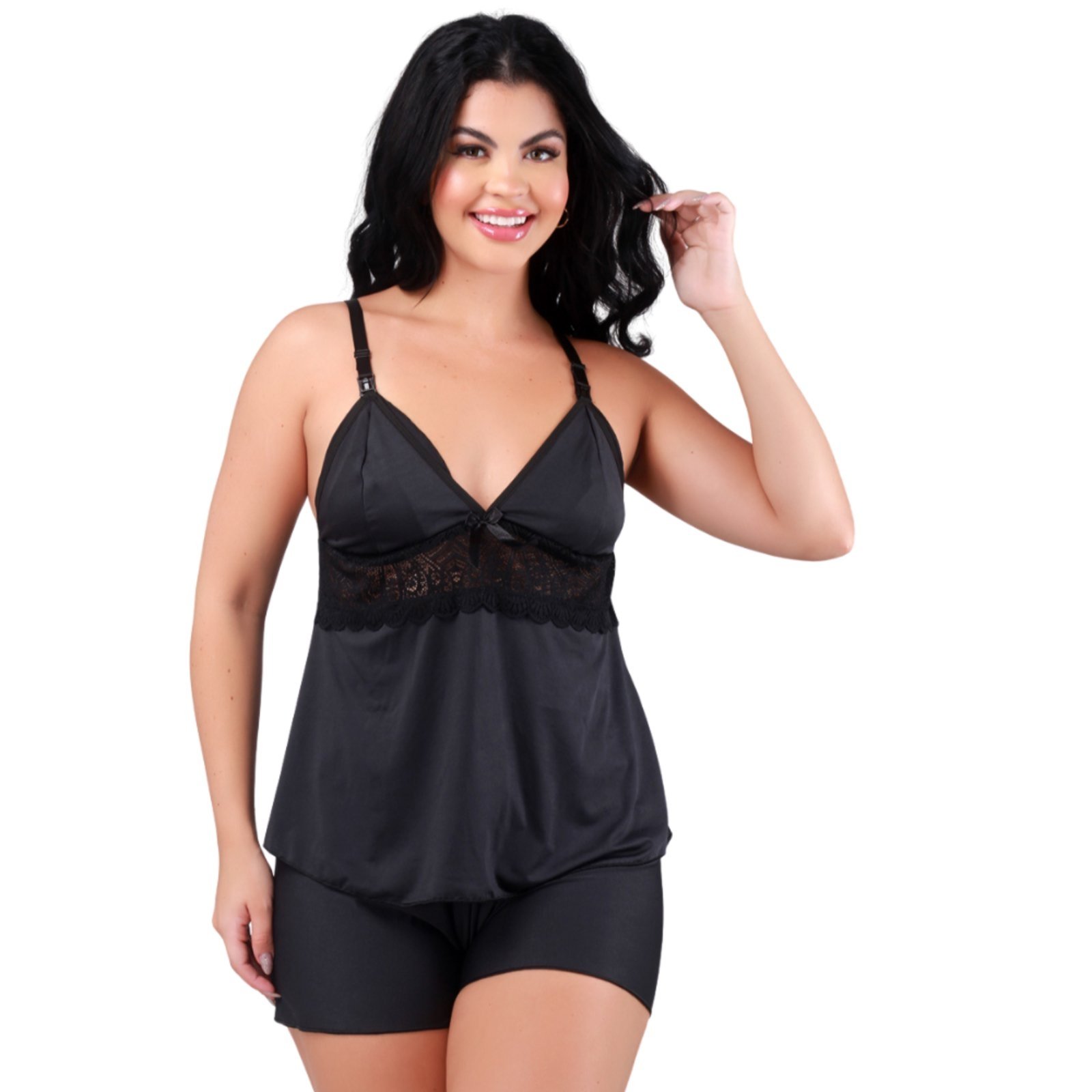 Baby Doll Amamentação Reflexo Íntimo Pós Parto Para Amamentar Preto