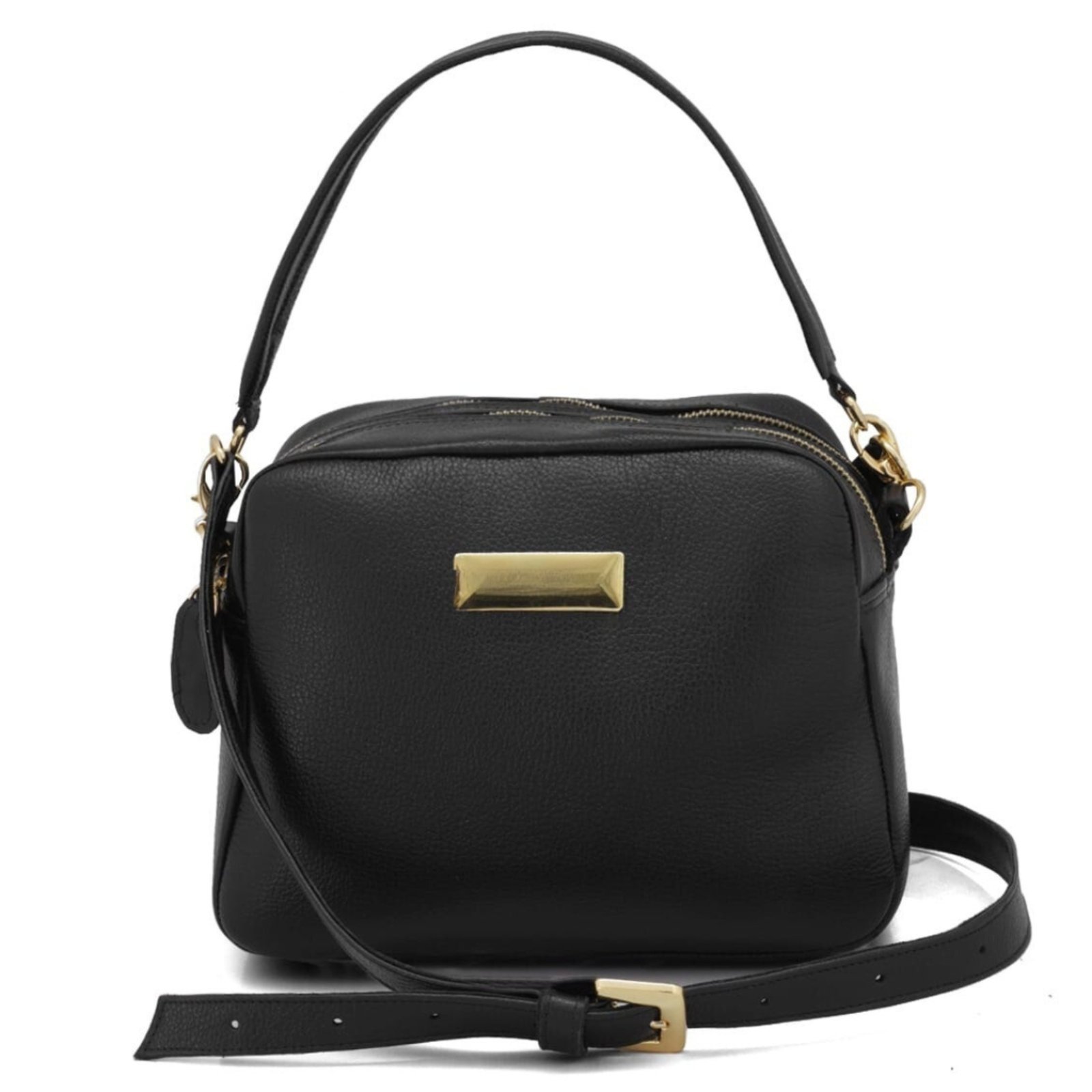 Bolsa Bau Feminina em Couro Alças Transversal Regulável e Alça de Mão Preto