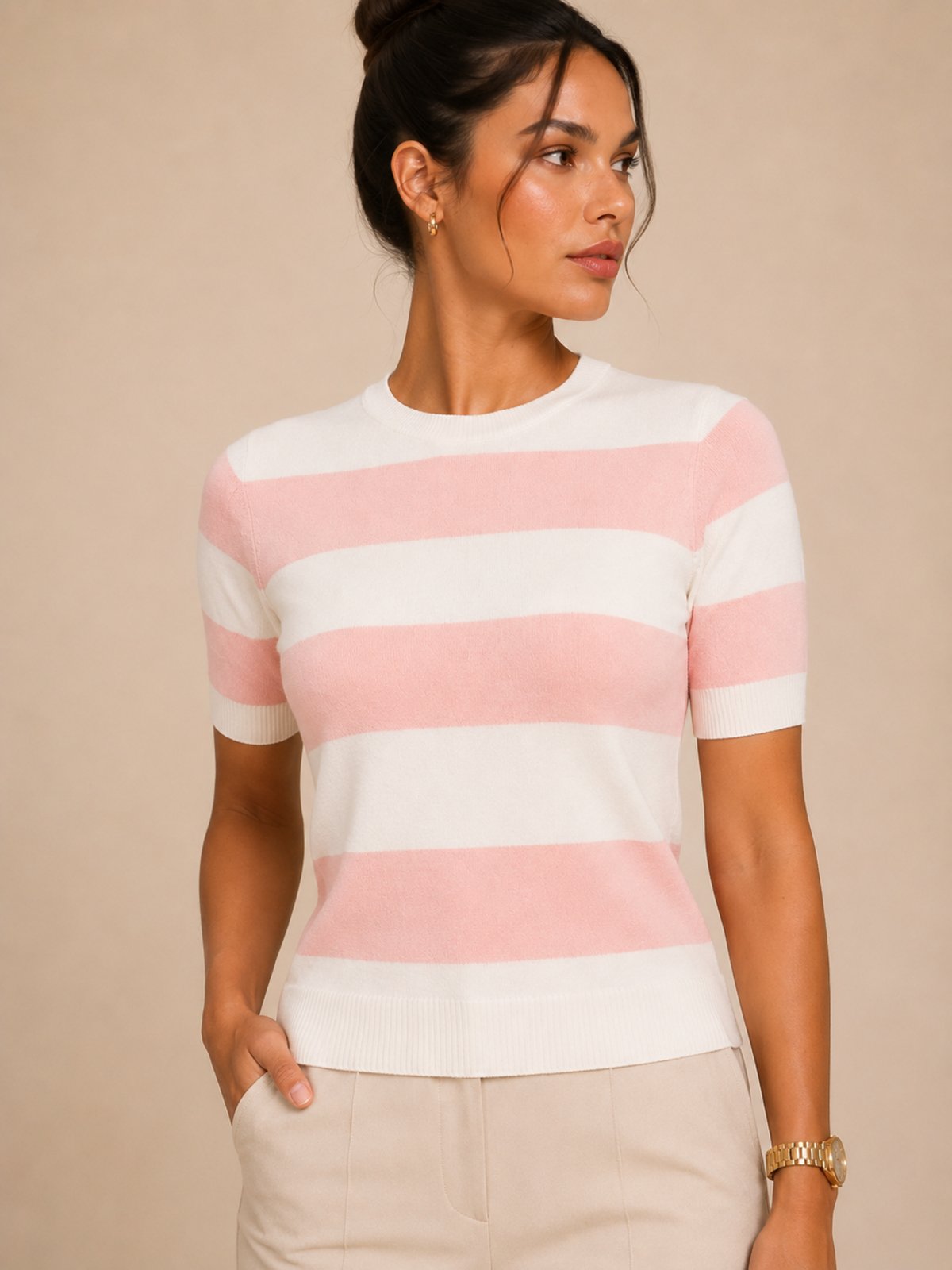 Blusa Feminina Modal Listrada Manga Curta Toque Macio Confortável Rosa