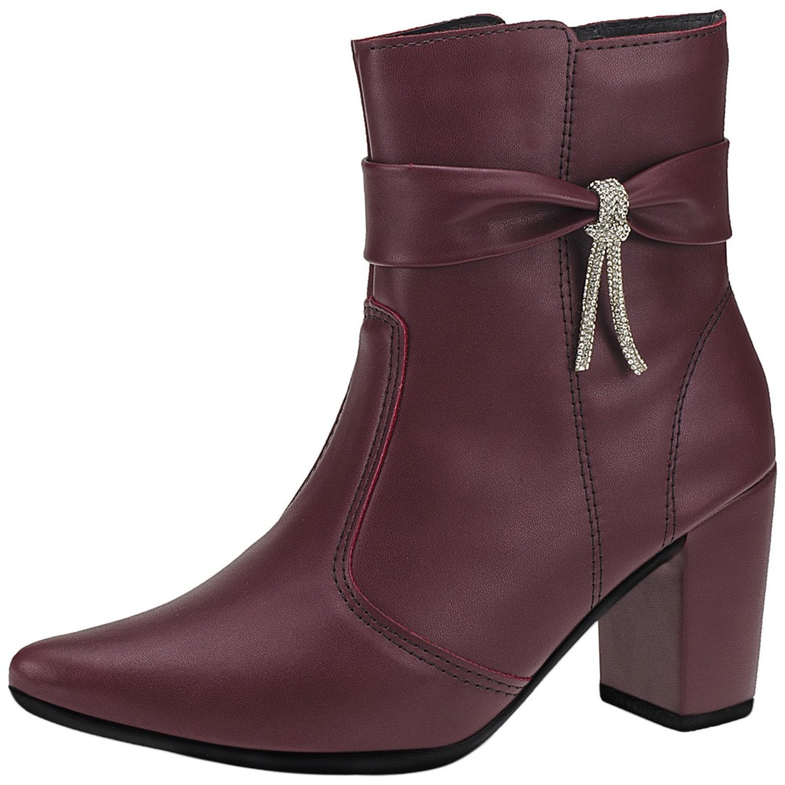 Vista 2 Bota Feminina Lóris Shoes Bico Fino com Zíper Lateral Cano Curto Salto com Acessório Lacinho 204 Marsala bordô/vinho bordô/vinho
