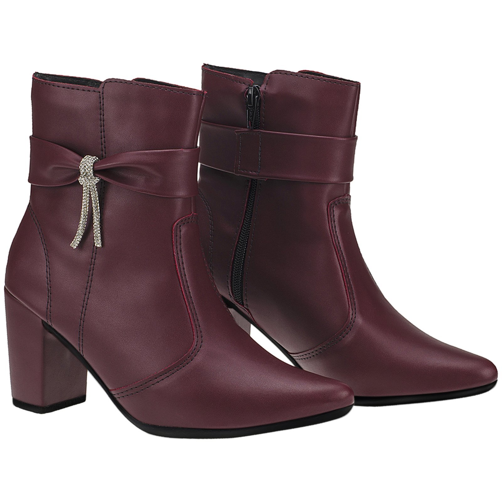 Vista 3 Bota Feminina Lóris Shoes Bico Fino com Zíper Lateral Cano Curto Salto com Acessório Lacinho 204 Marsala bordô/vinho bordô/vinho