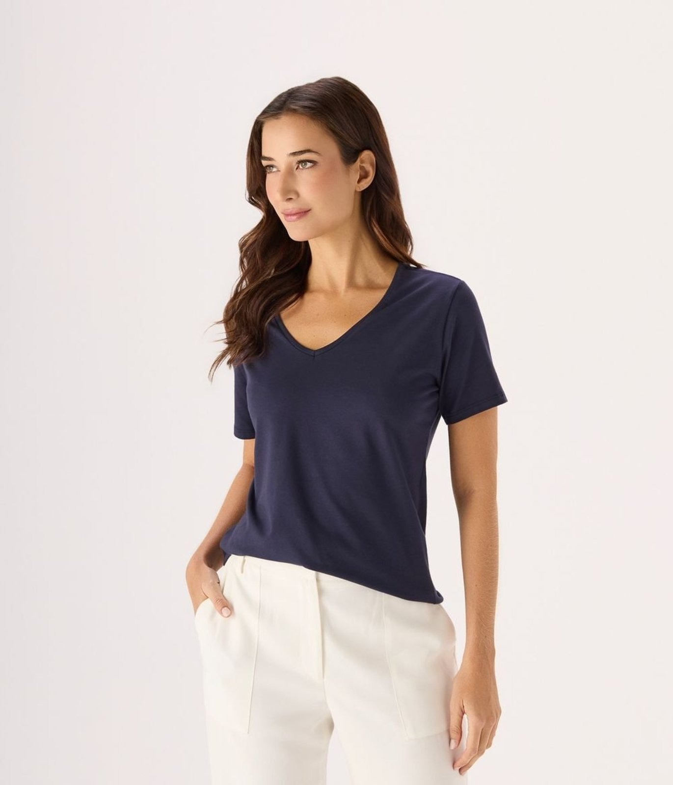 Blusa Básica Pima Decote V Feminina Azul Marinho