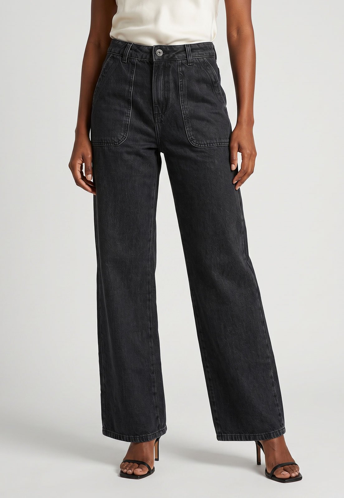 Calça Jeans Feminina Sawary Wide Leg Preta