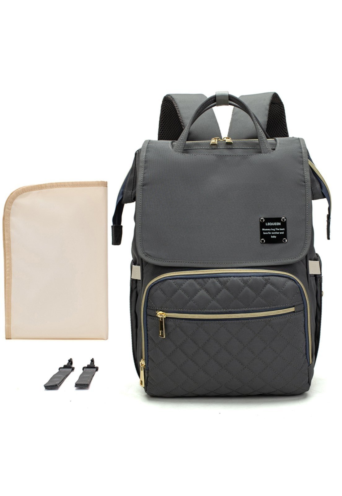 Infantil - Mochila Bolsa Maternidade Lequeen Menina Menino Impermeável Com Bolso Térmico Cinza Claro