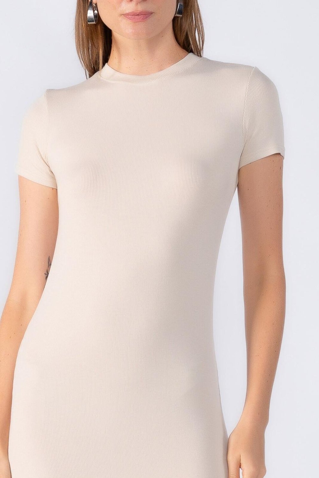 Vestido midi manga curta canelado Bege