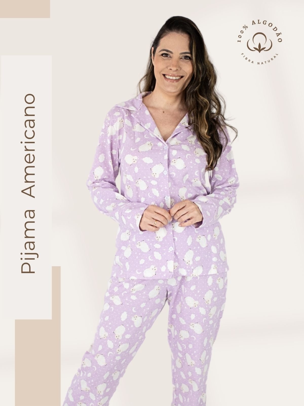 Pijama Americano Longo Algodão Amanda – Ovelha Lilás