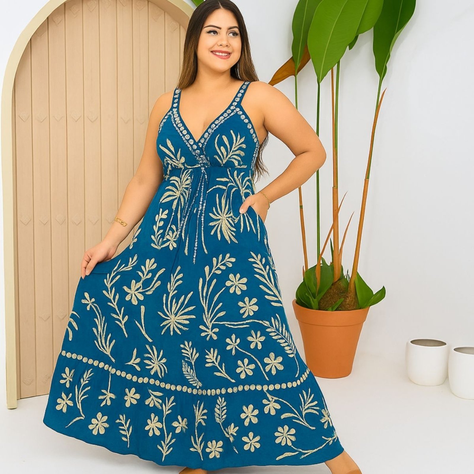 Vestido Longo FMF Indiano Estampado Boho Chic Feminino Azul