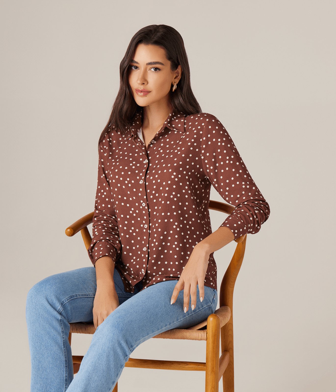 Camisa Manga Longa Poa Feminina Marrom