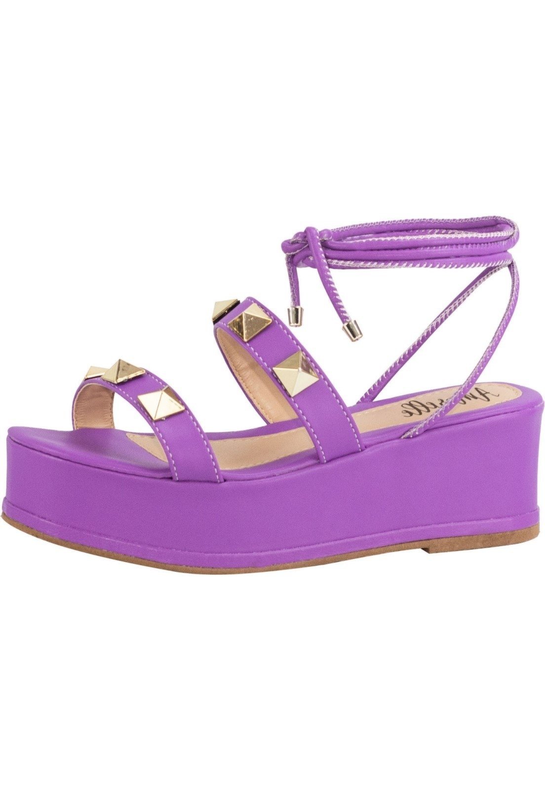 Sandália Feminina Plataforma Amorelle Amarração Spikes Confortável Flatform Lilás Íris