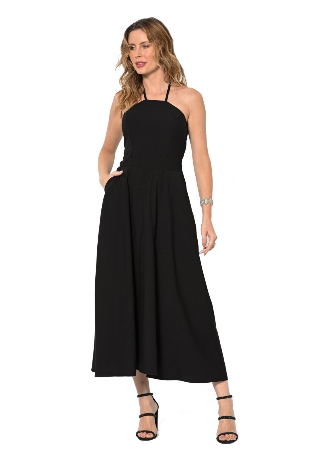 Vestido Bisô Midi Lastex Liso Preto – Preto