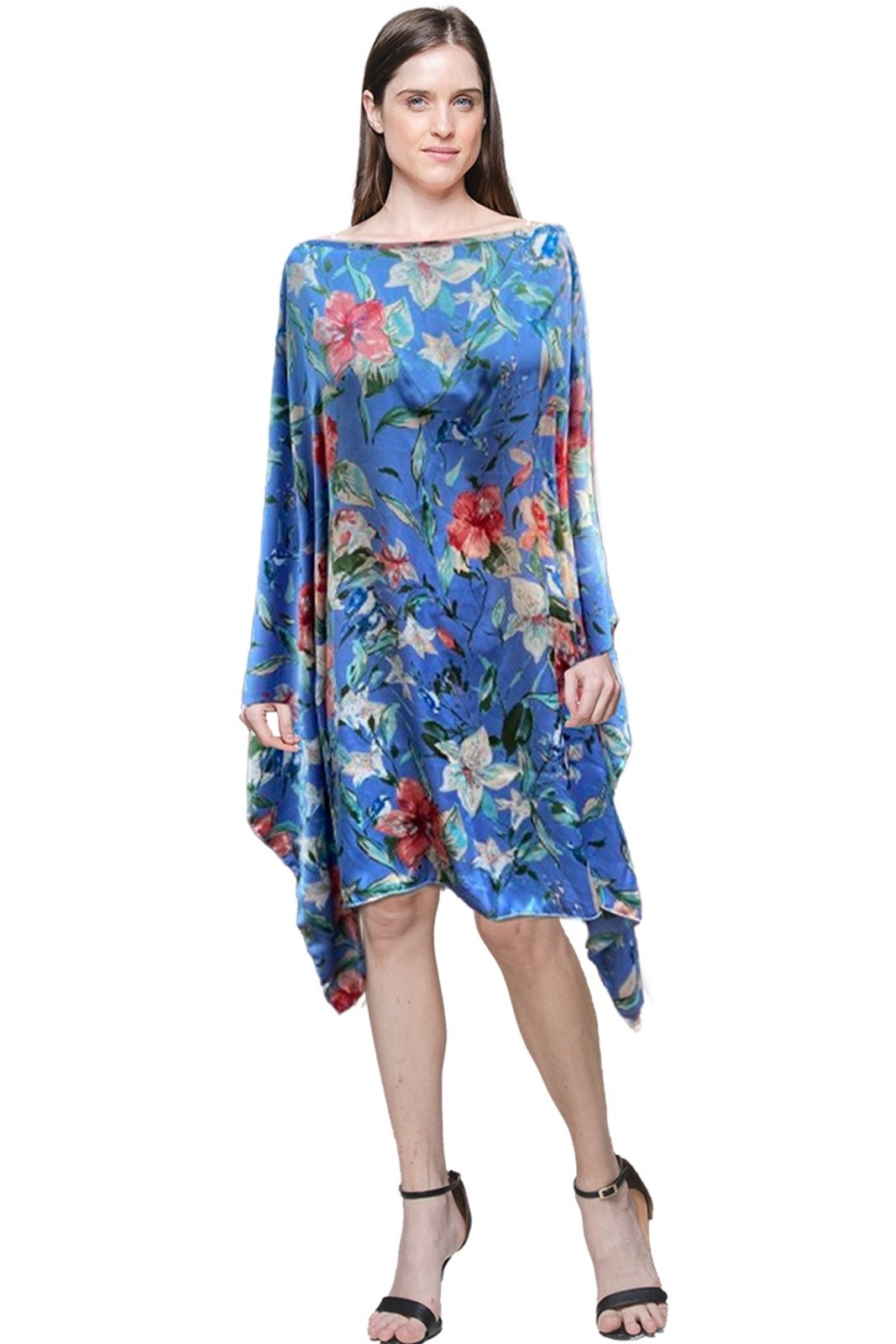 Vestido Kaftan Saída Amplo Crepe Acetinado Floral Fundo Azul