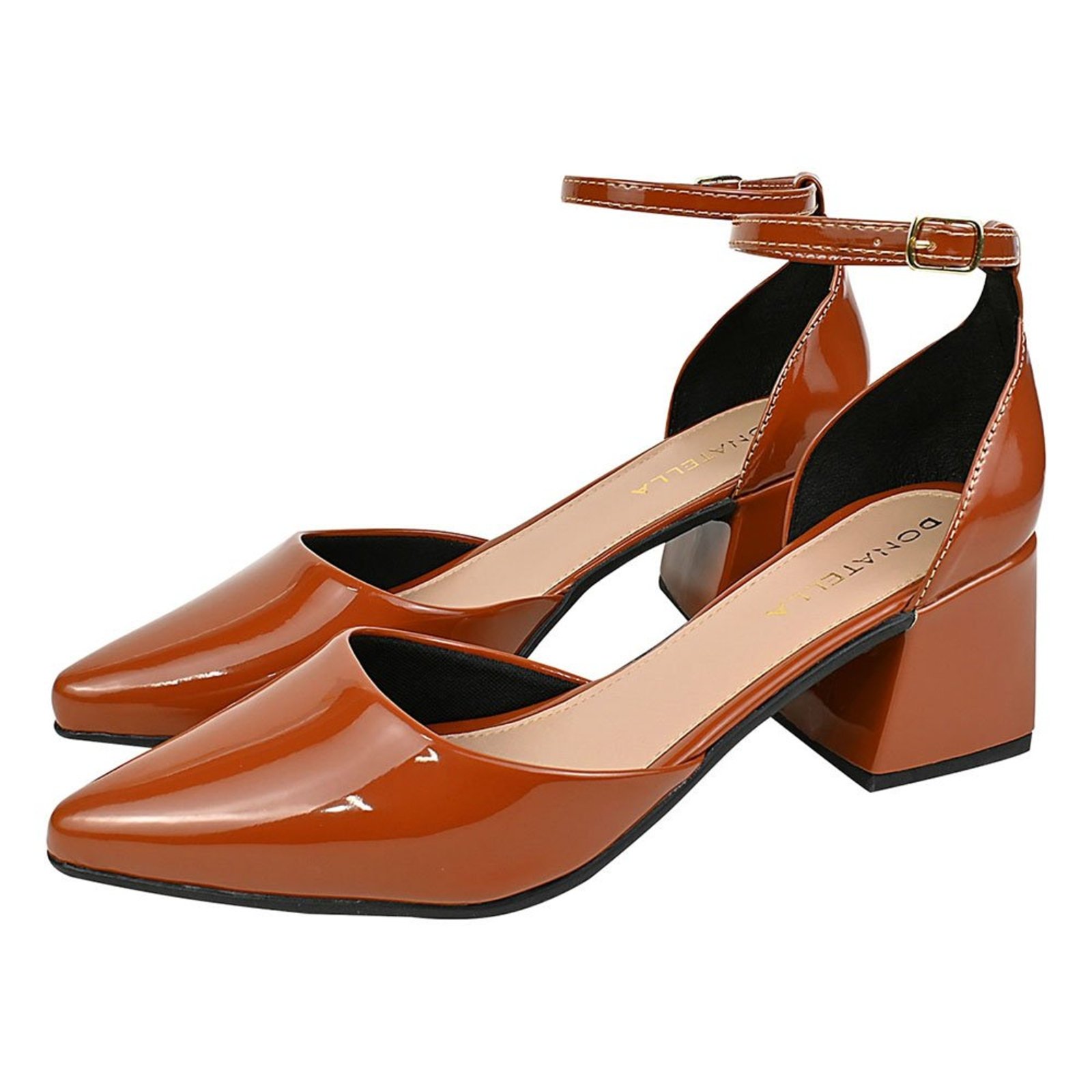 Sandália Scarpin Donatella Shoes Feminina Bico Fino Social Salto Bloco Quadrado Verniz Caramelo