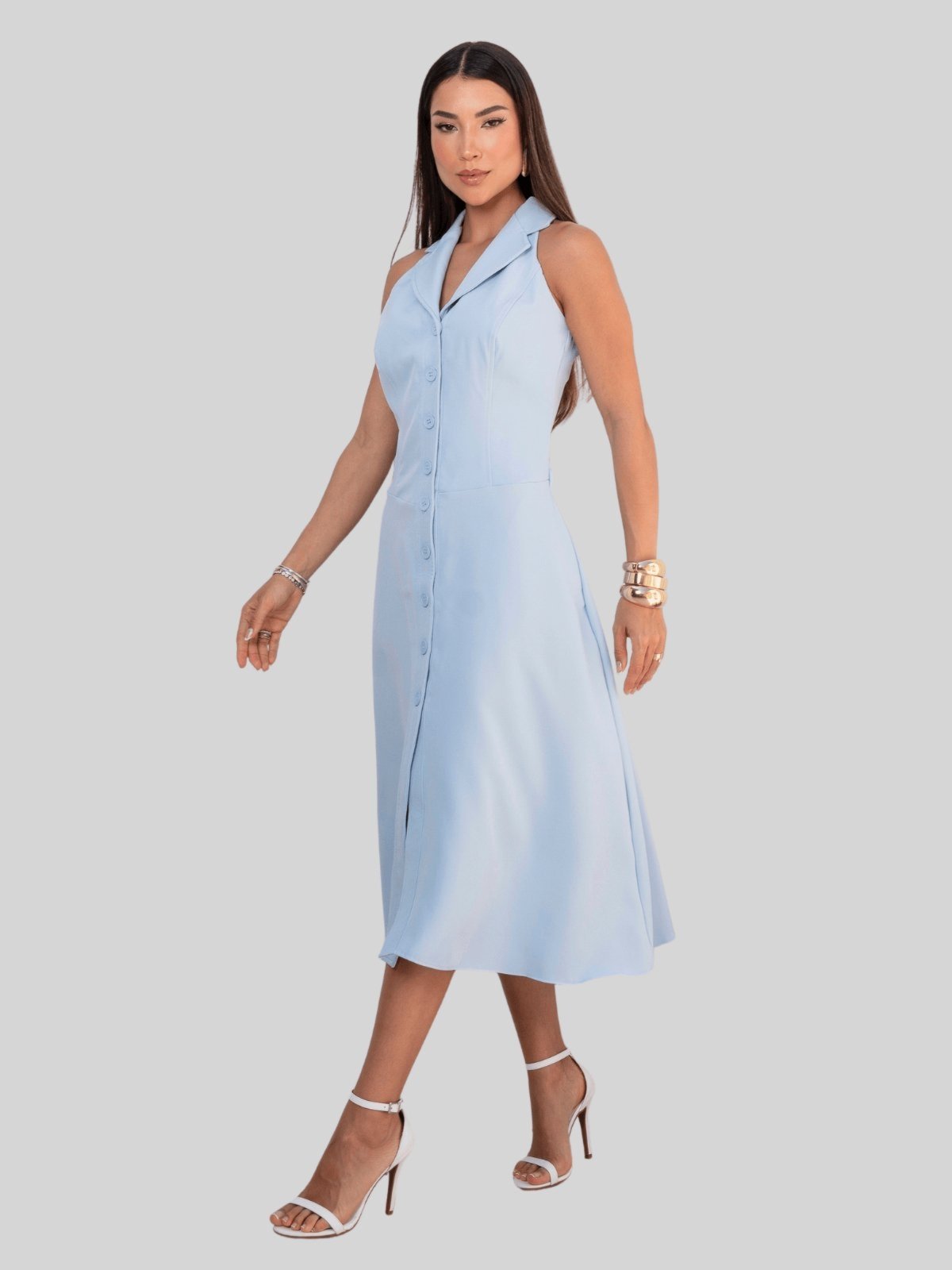 Vestido Miss e Misses Flaviana Midi Aberto C/Botao C/Bolso Azul