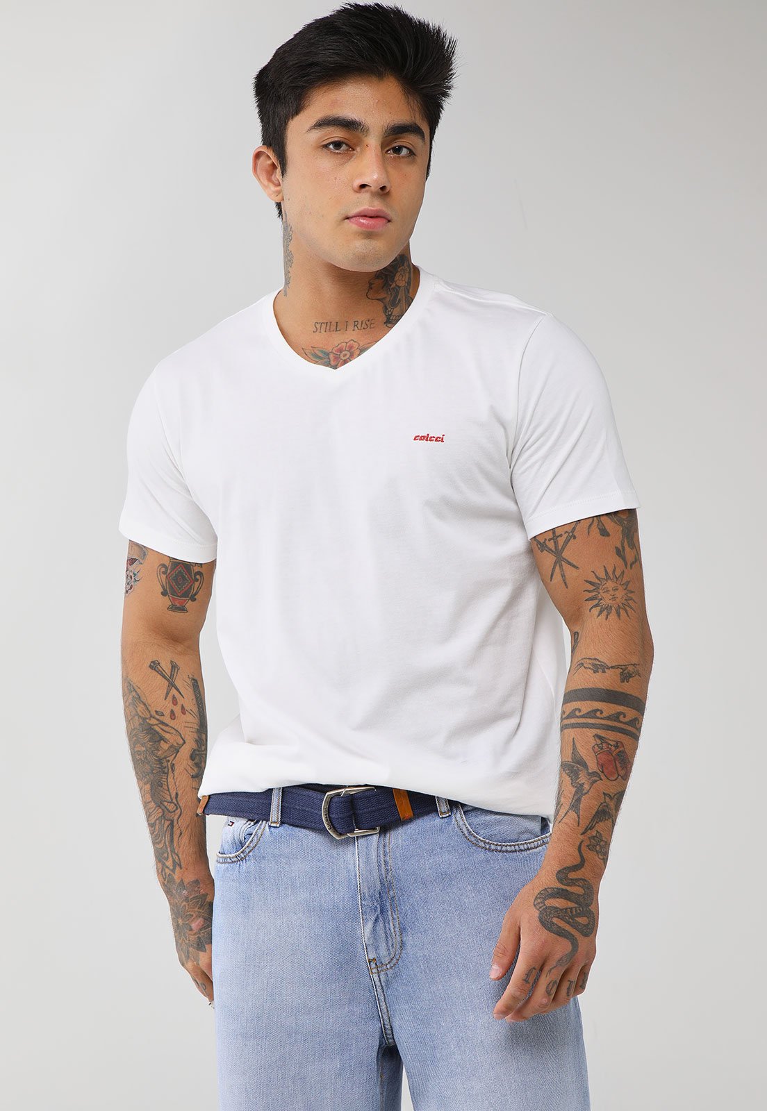 Camiseta Masculina Colcci Decote V Logo Bordado Branca
