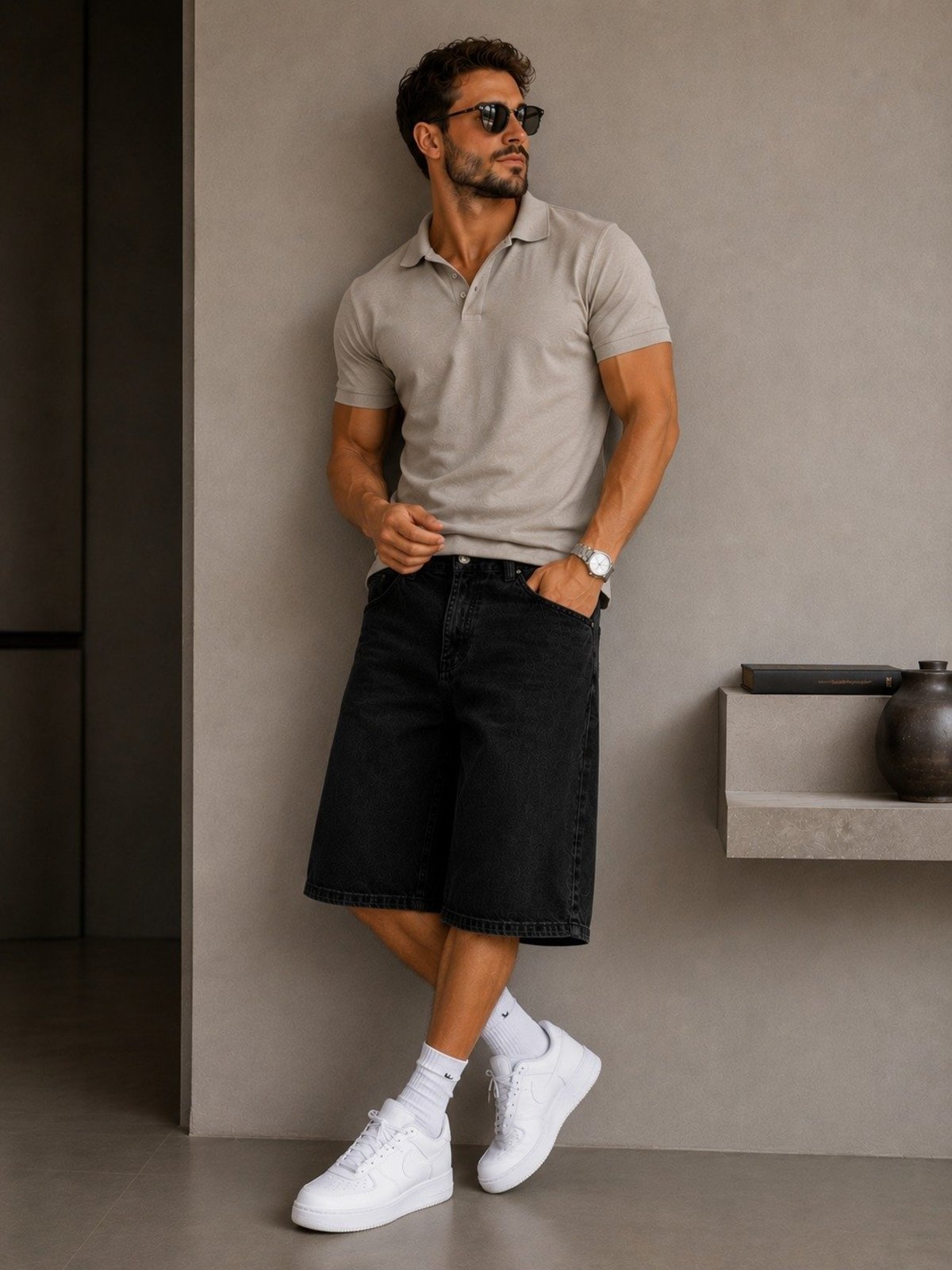 Bermuda Balão Jeans Masculina Alpha Street Wear Casual Confortável Básica Preta