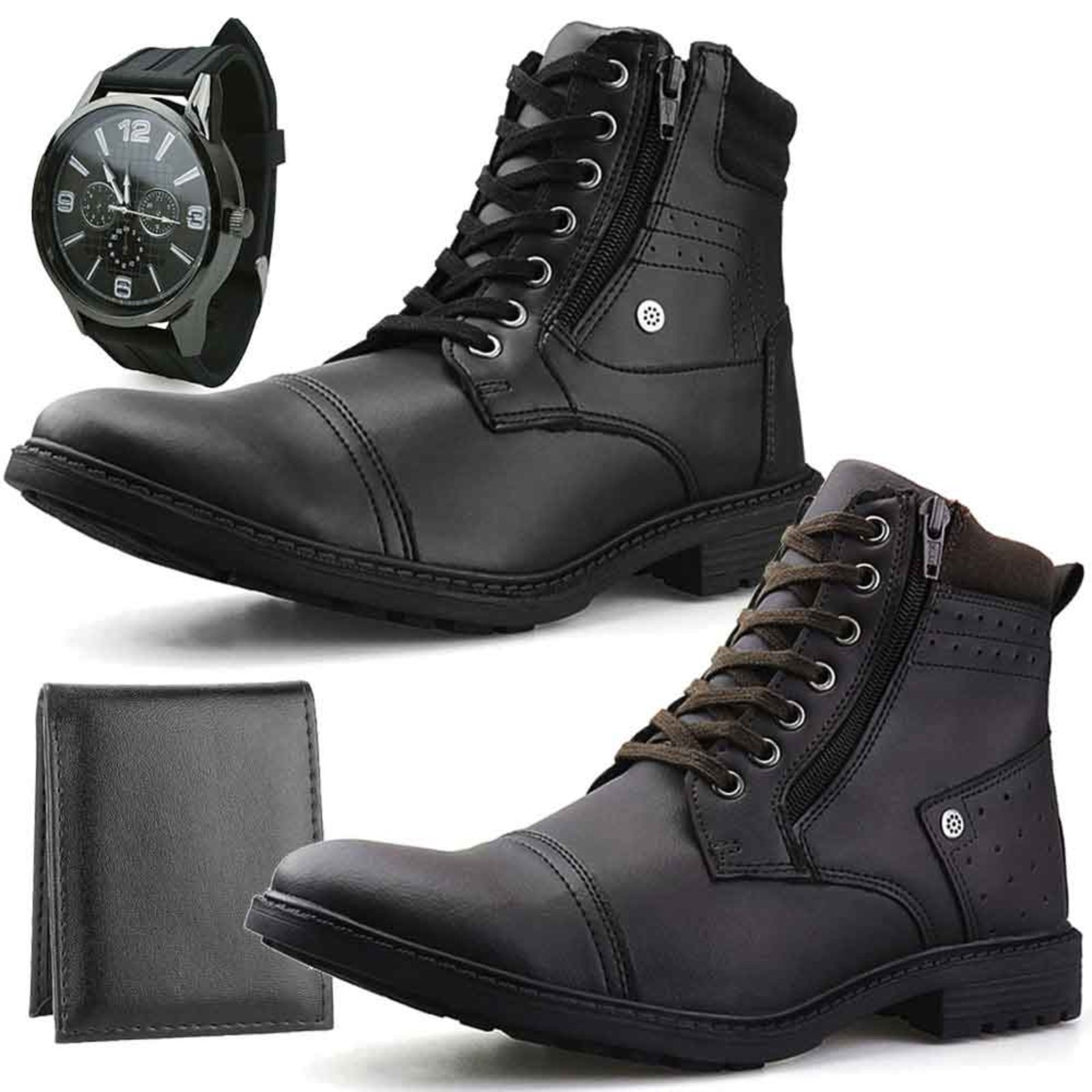 Kit 2 Pares Bota Casual Masculina Preta e Café + Relógio + Carteira Slim