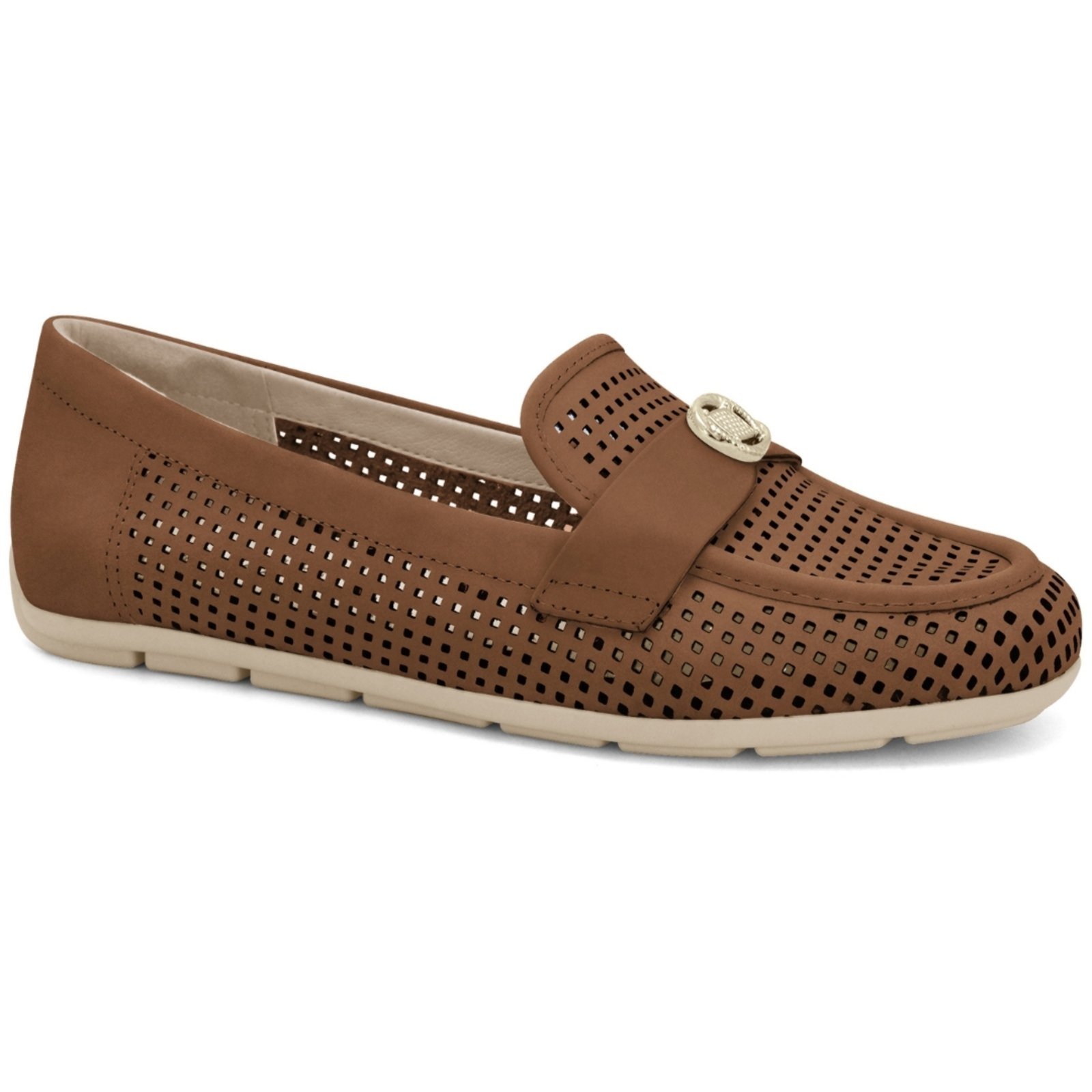 Mocassim Feminino Couro Caramelo Vazado Comfortflex 2561332-2
