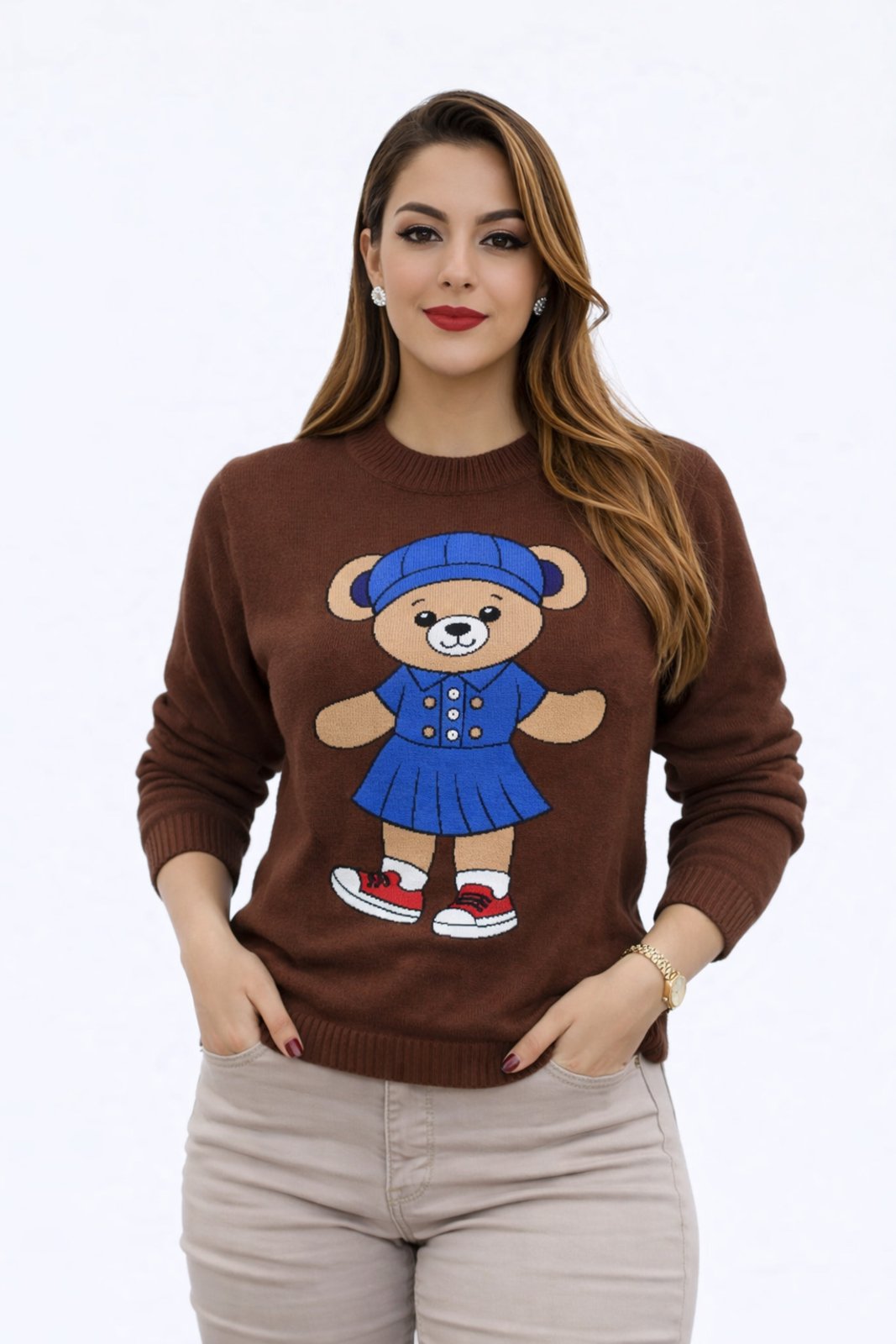 Suéter Tricôt D Bell Outlet Fashion Estampa Urso Marrom